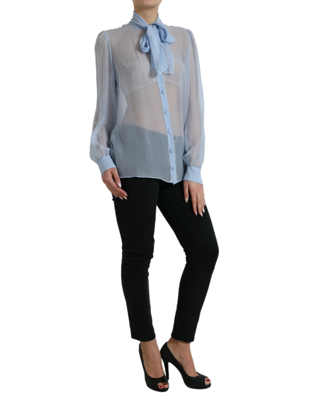 Dolce &amp; Gabbana Blue Long Sleeves Ascot Collar Blouse Top