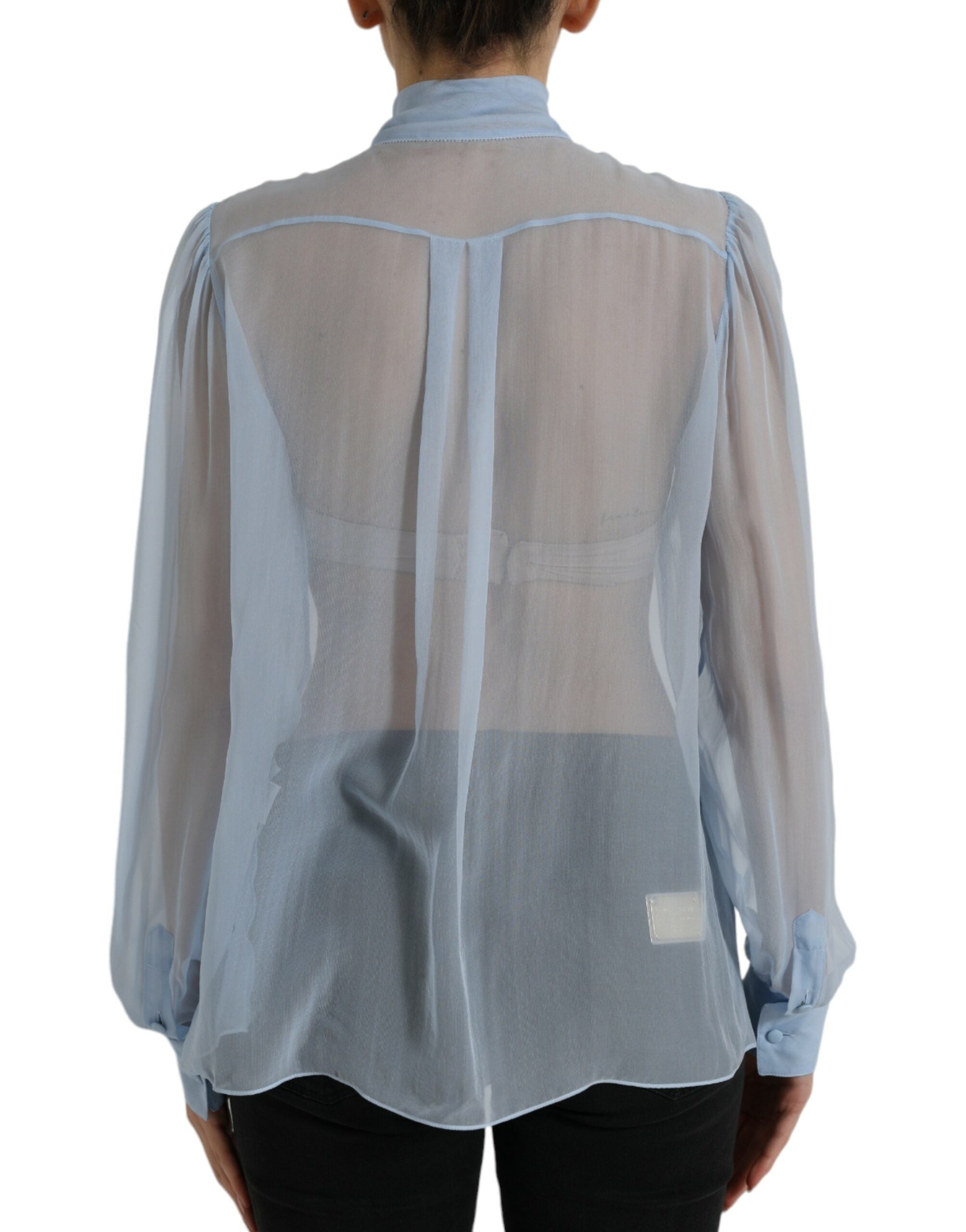 Dolce &amp; Gabbana Blue Long Sleeves Ascot Collar Blouse Top