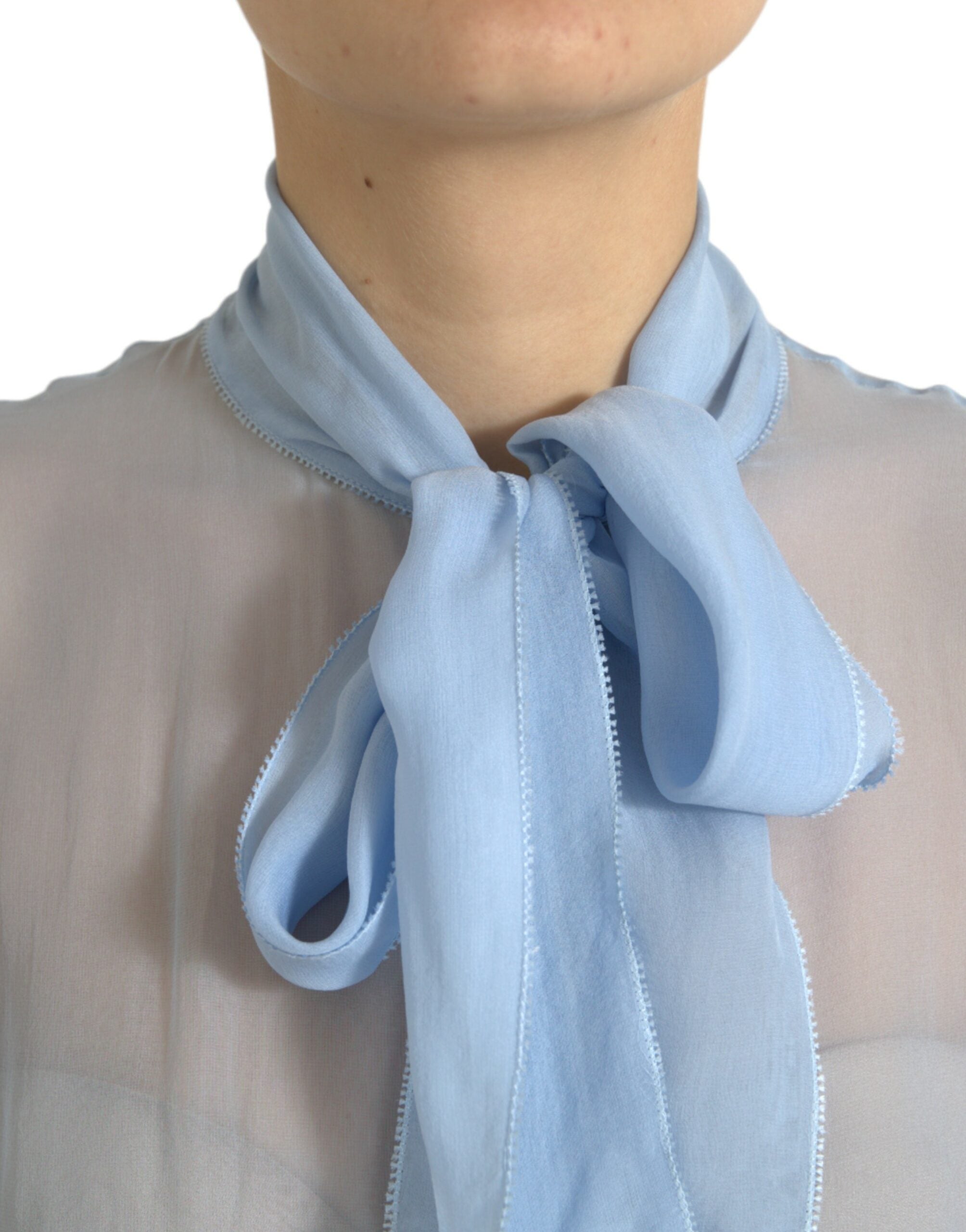 Dolce &amp; Gabbana Blue Long Sleeves Ascot Collar Blouse Top