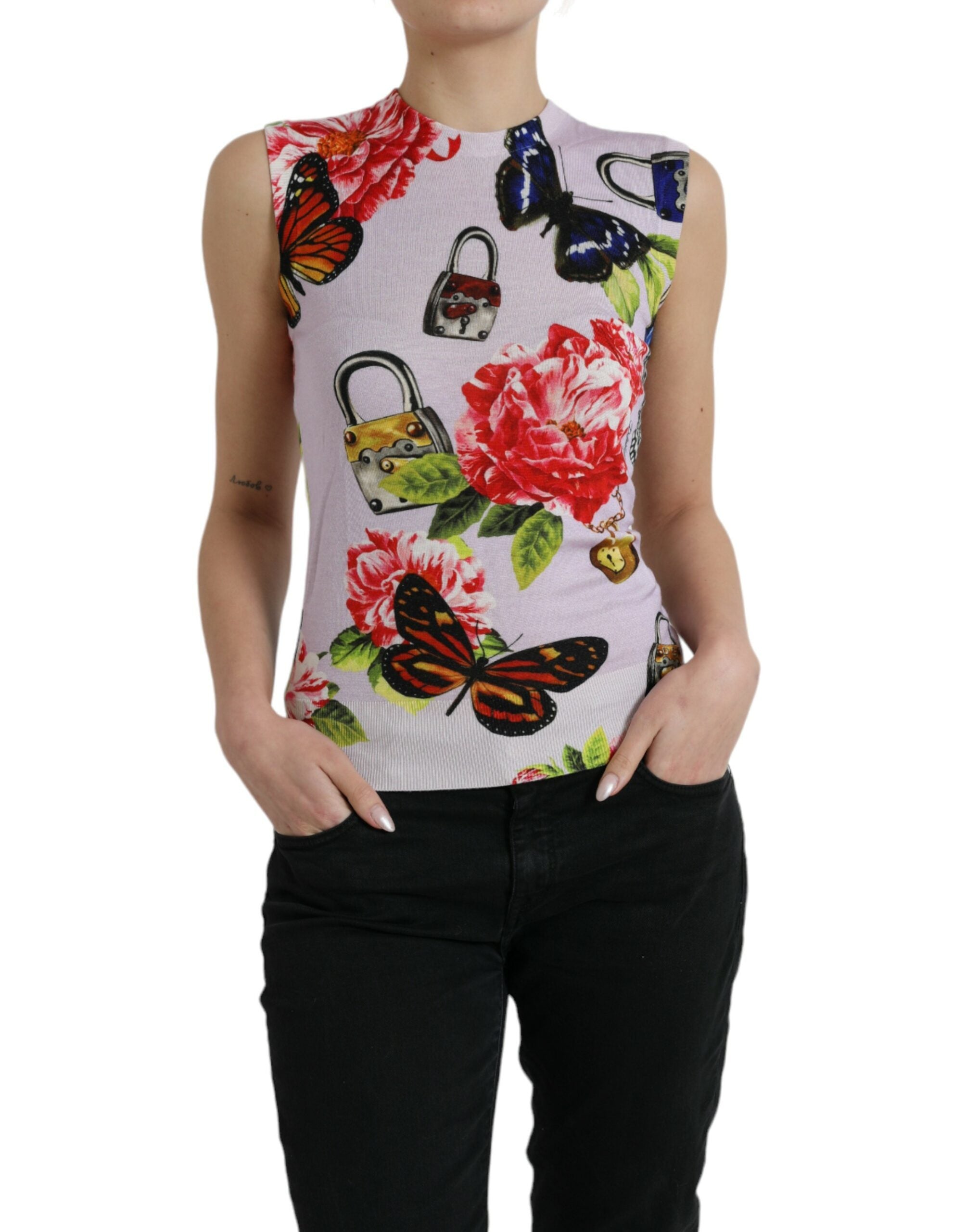 Dolce &amp; Gabbana Multicolor Floral Padlock Butterfly Tank Top