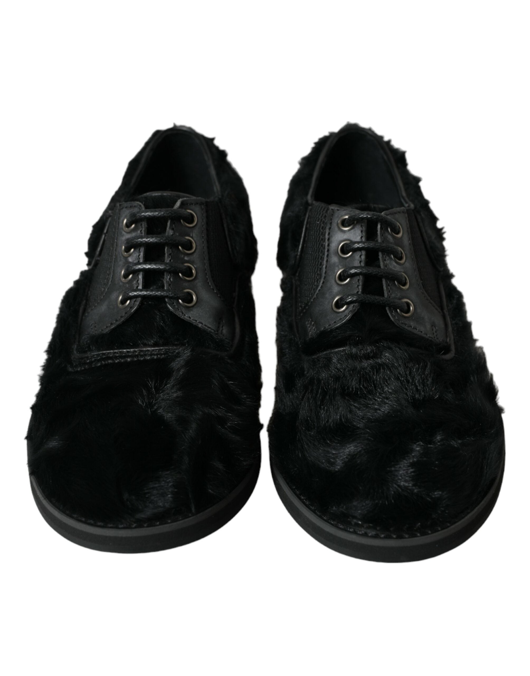 Dolce &amp; Gabbana Black Fur Leather Lace Up Derby Dress Shoes
