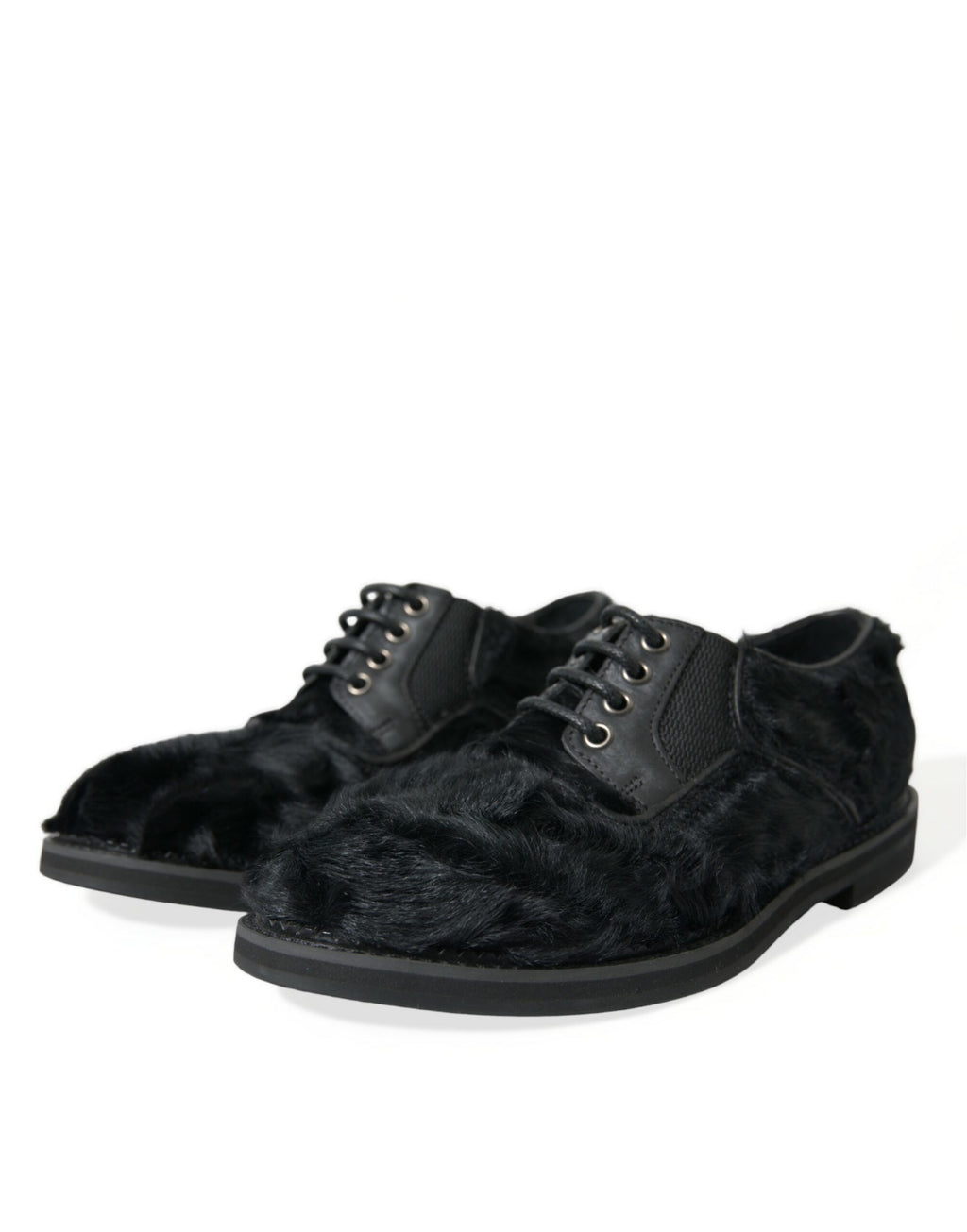 Dolce &amp; Gabbana Black Fur Leather Lace Up Derby Dress Shoes