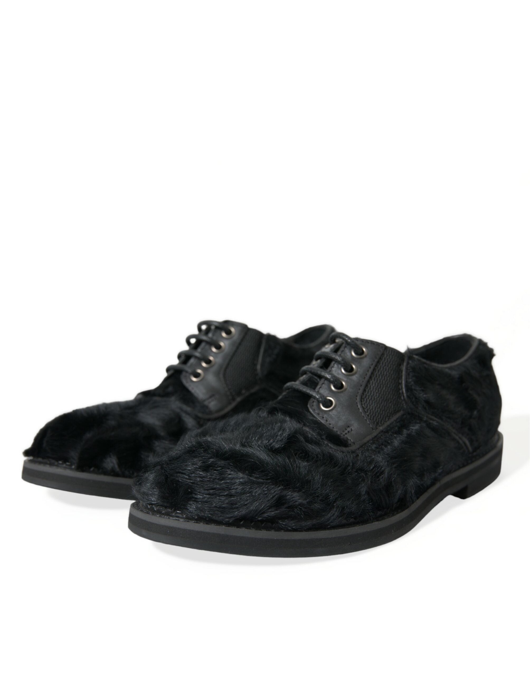 Dolce &amp; Gabbana Black Fur Leather Lace Up Derby Dress Shoes