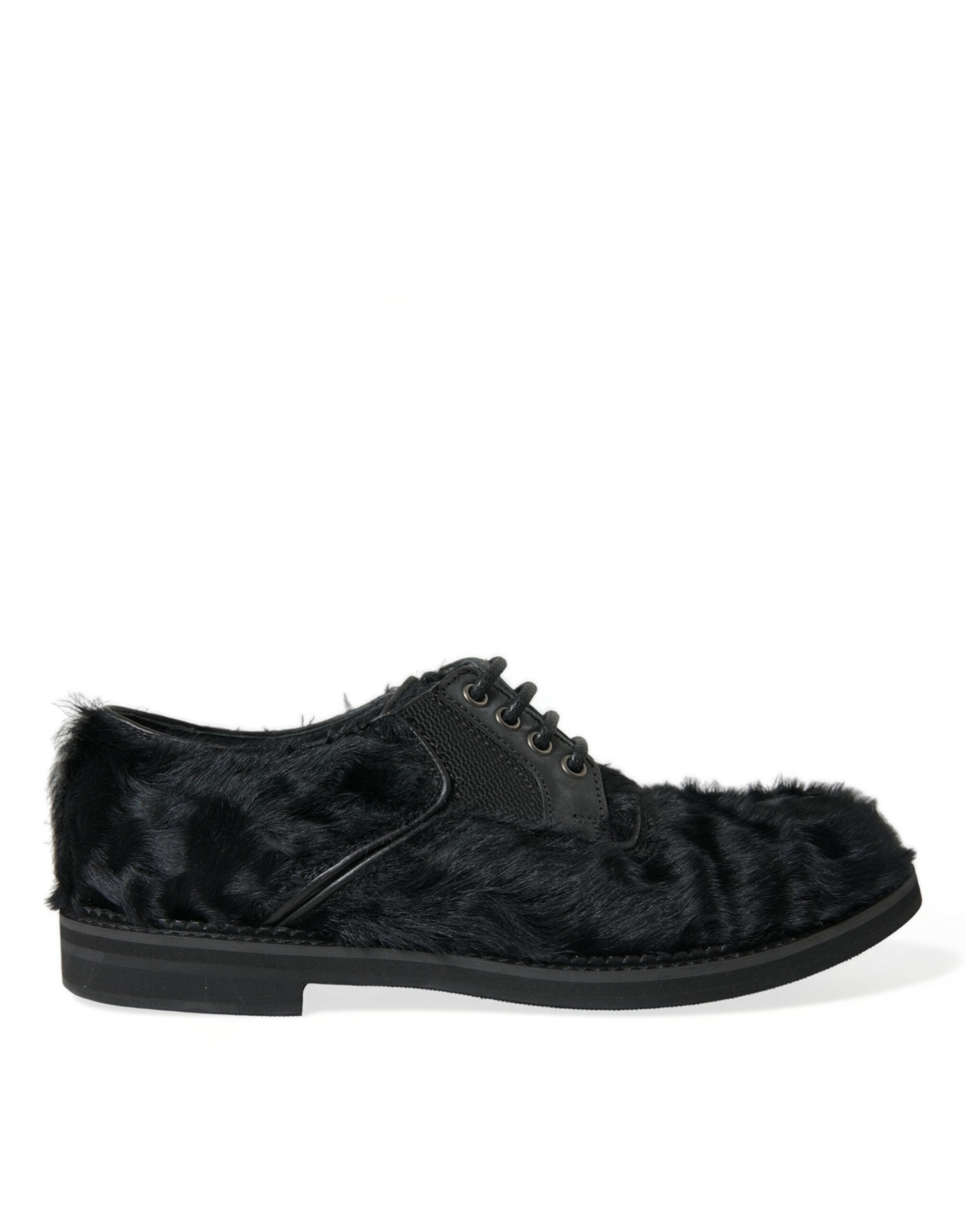 Dolce &amp; Gabbana Black Fur Leather Lace Up Derby Dress Shoes