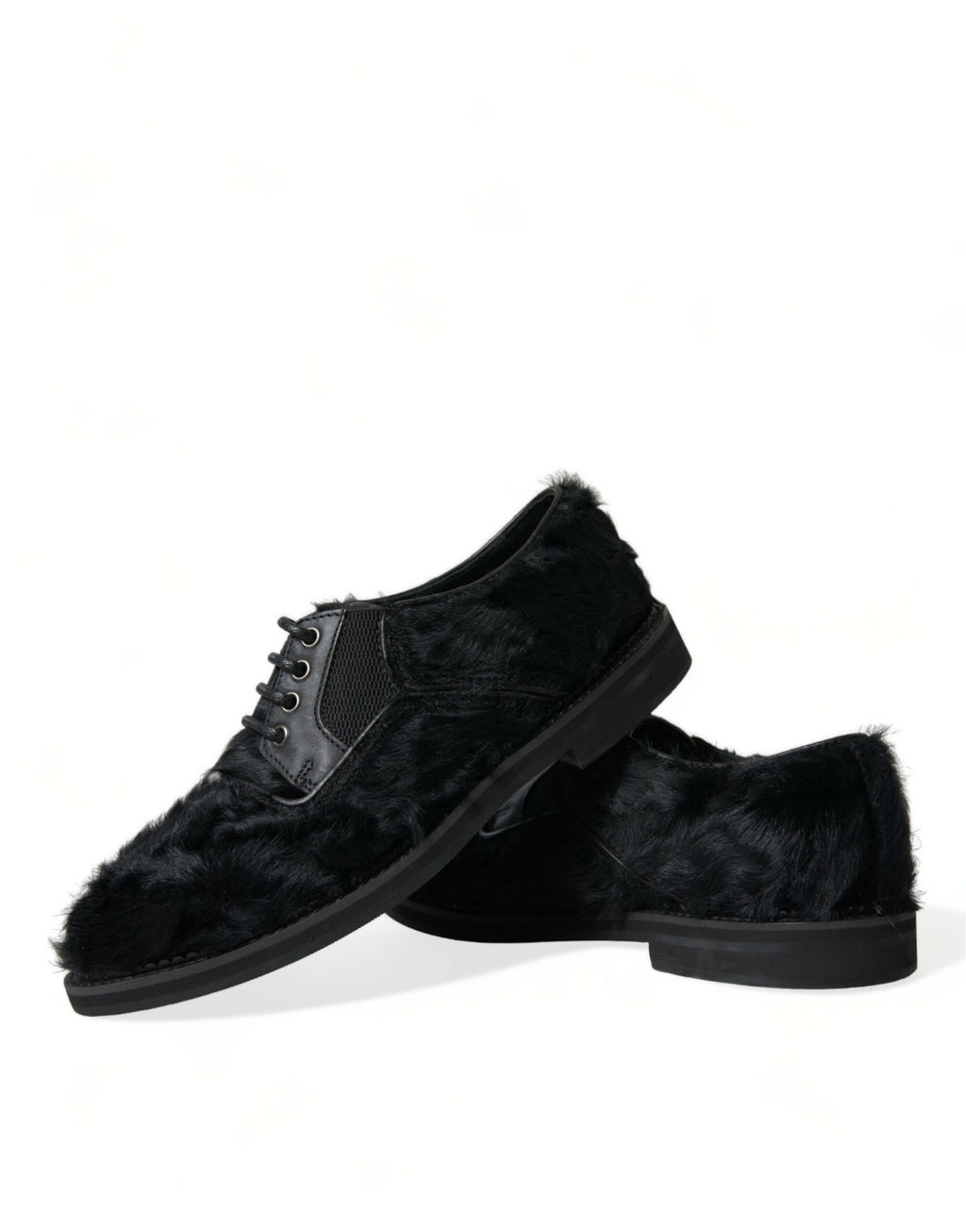 Dolce &amp; Gabbana Black Fur Leather Lace Up Derby Dress Shoes