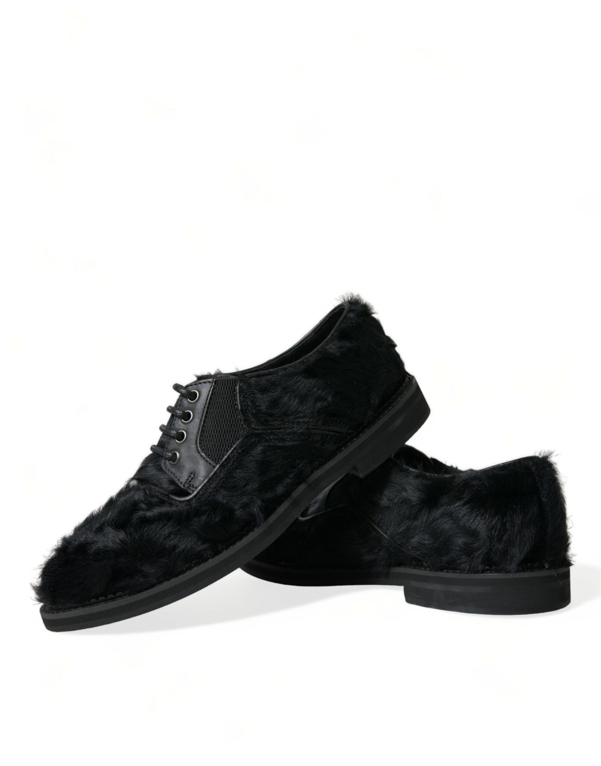 Dolce &amp; Gabbana Black Fur Leather Lace Up Derby Dress Shoes