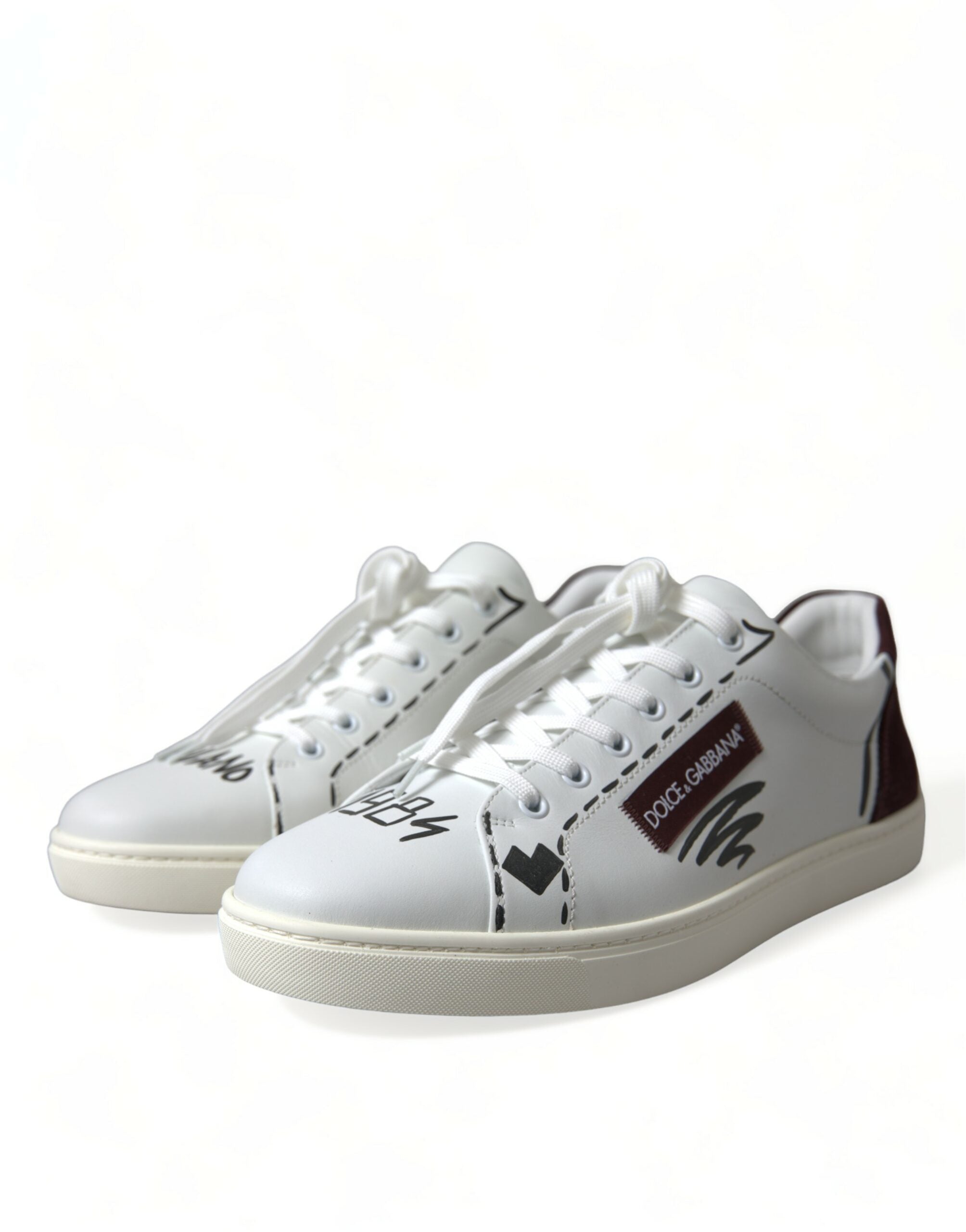 Dolce &amp; Gabbana White Bordeaux Leather Logo Low Top Sneakers Shoes