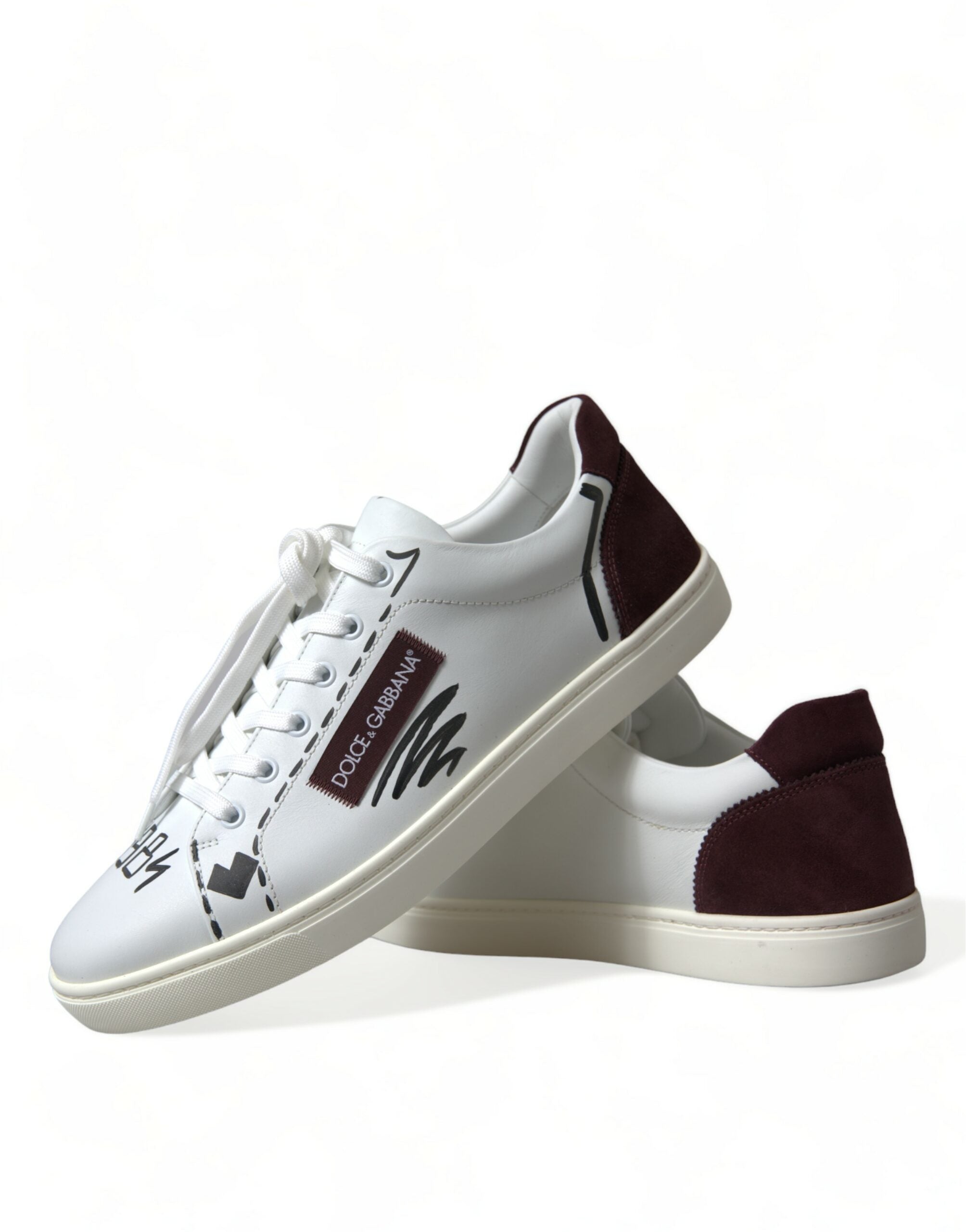 Dolce &amp; Gabbana White Bordeaux Leather Logo Low Top Sneakers Shoes