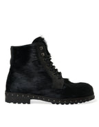 Dolce &amp; Gabbana Black Pony Style Leather Mid Calf Boots Shoes