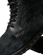 Dolce &amp; Gabbana Black Pony Style Leather Mid Calf Boots Shoes