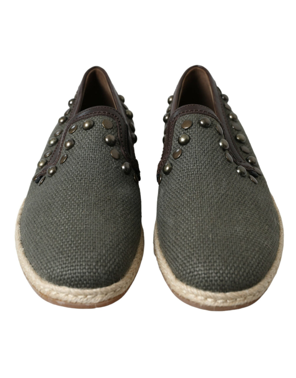 Dolce &amp; Gabbana Gray Linen Leather Studded Loafers Shoes
