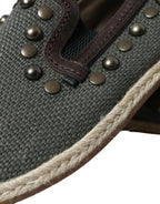 Dolce &amp; Gabbana Gray Linen Leather Studded Loafers Shoes