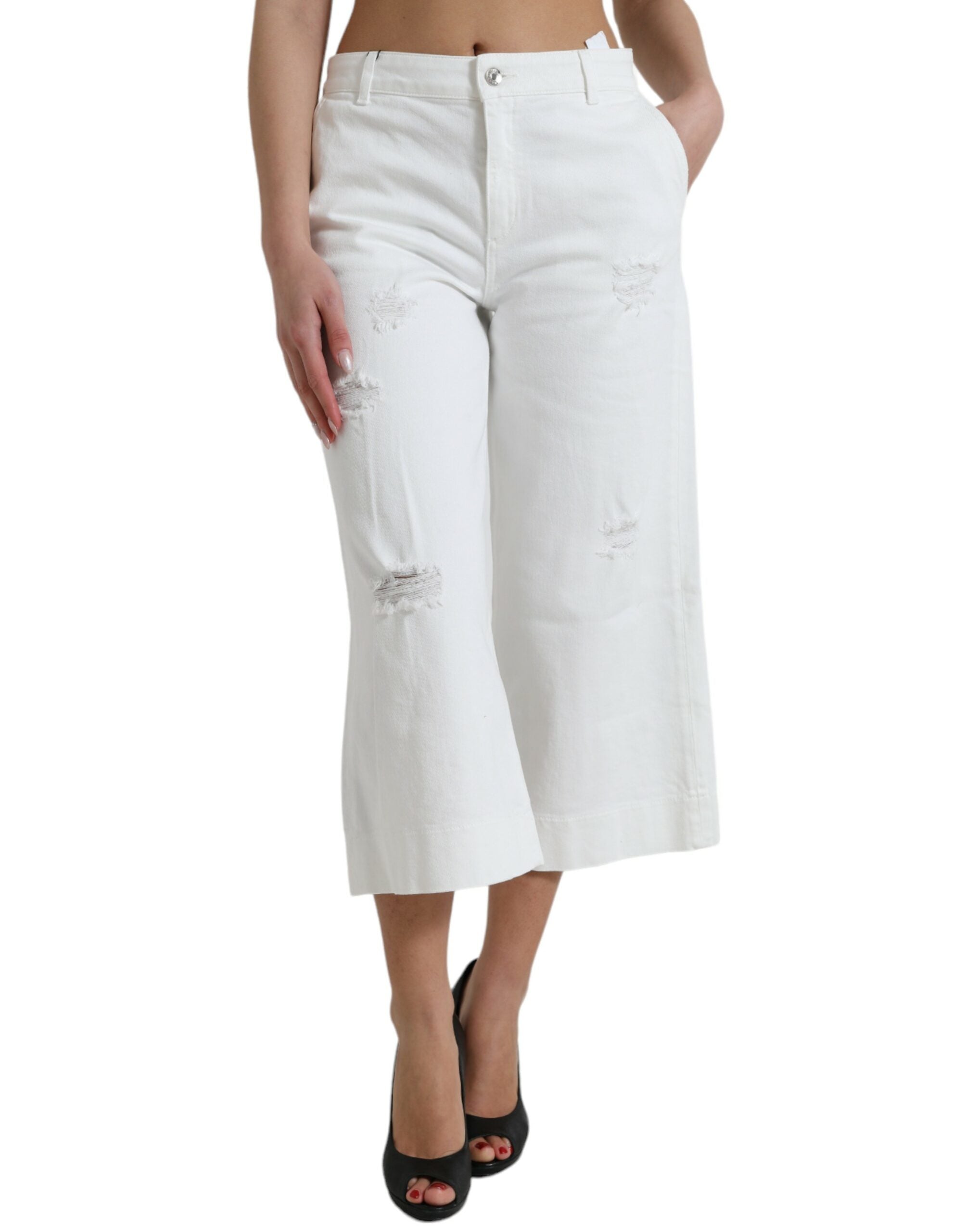 Dolce &amp; Gabbana White Cotton Cropped Wide Leg Denim Jeans