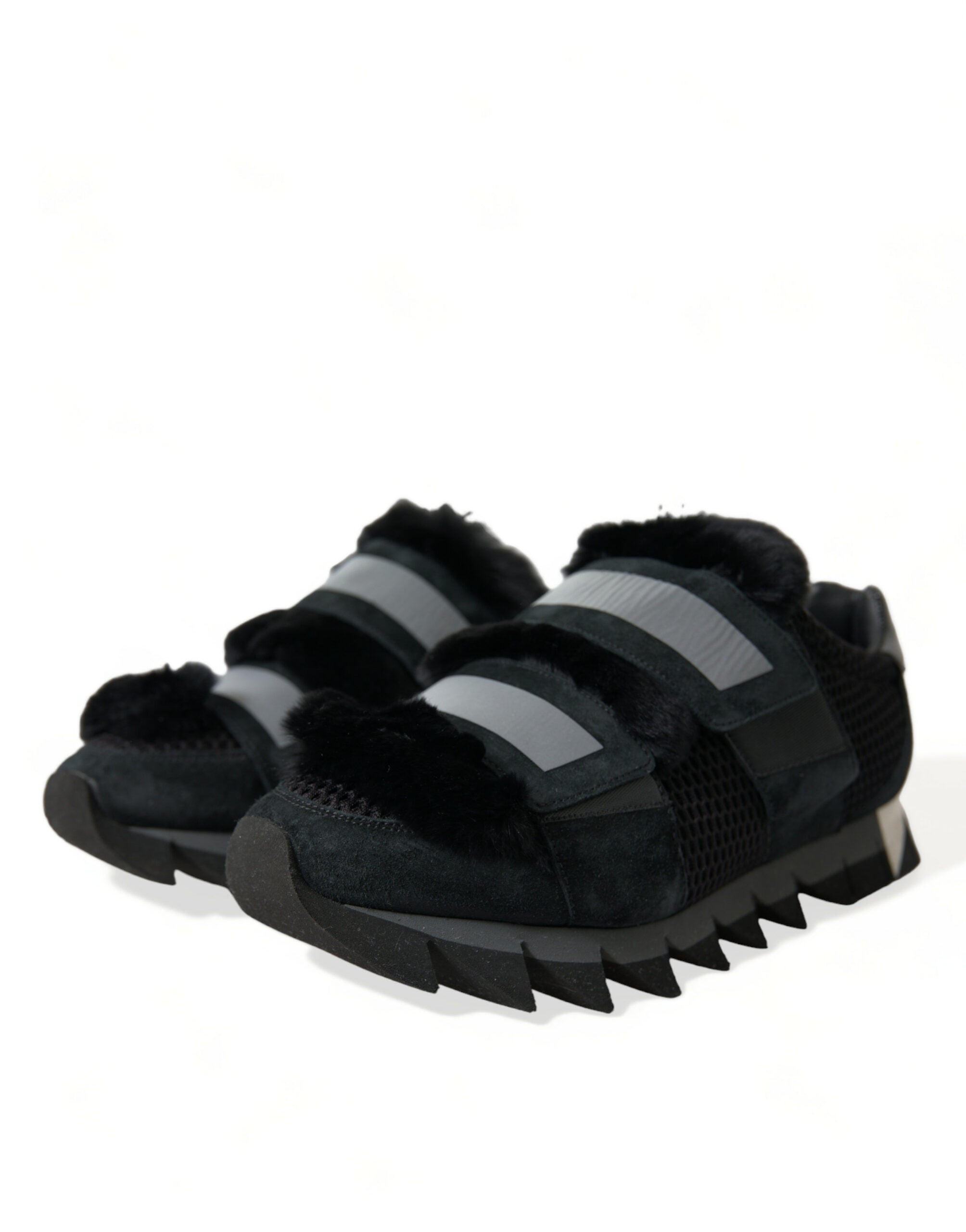 Dolce &amp; Gabbana Black Fur Embellished Suede Sneakers Shoes