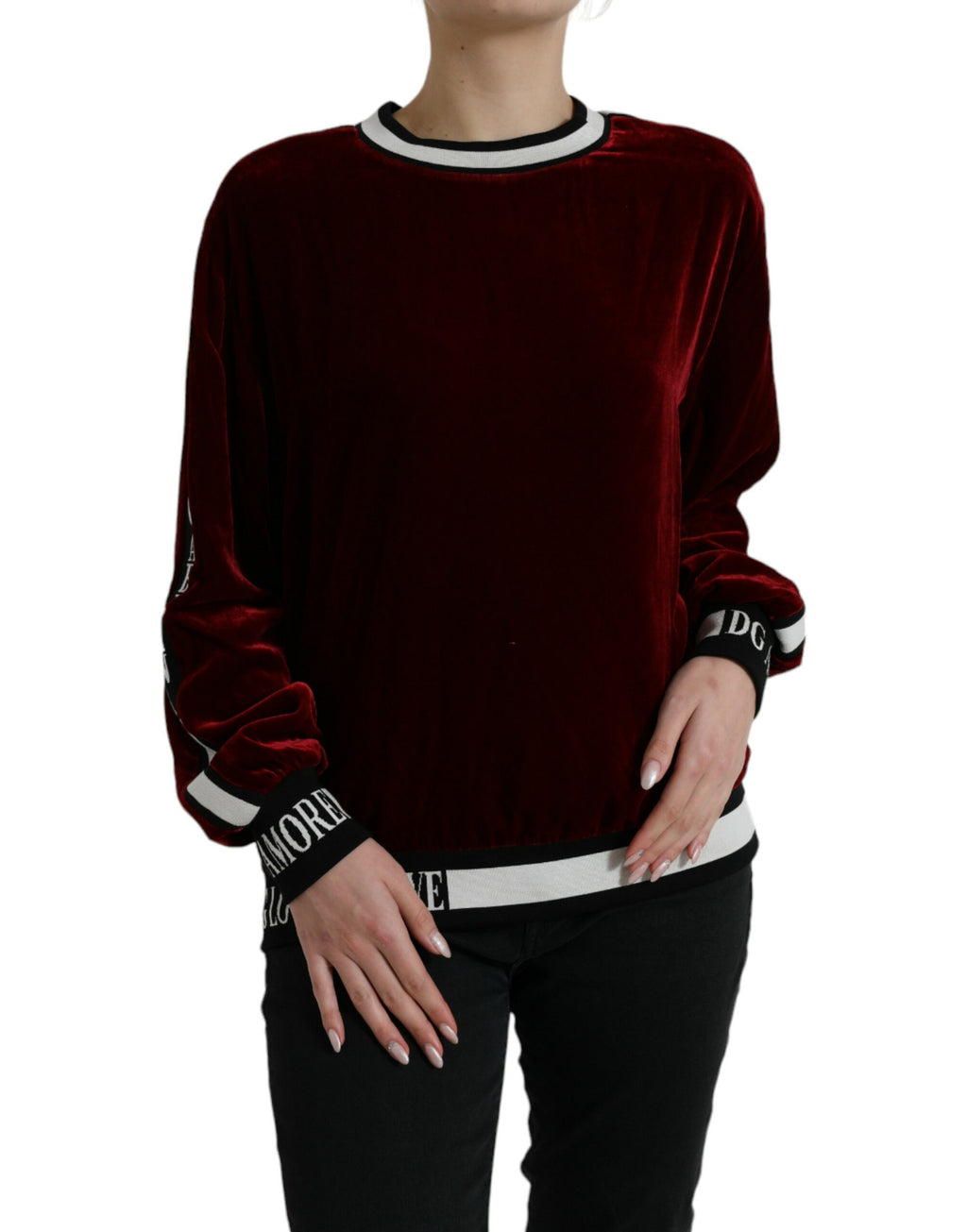 Dolce &amp; Gabbana Bordeaux Velvet Round Neck Pullover Sweater
