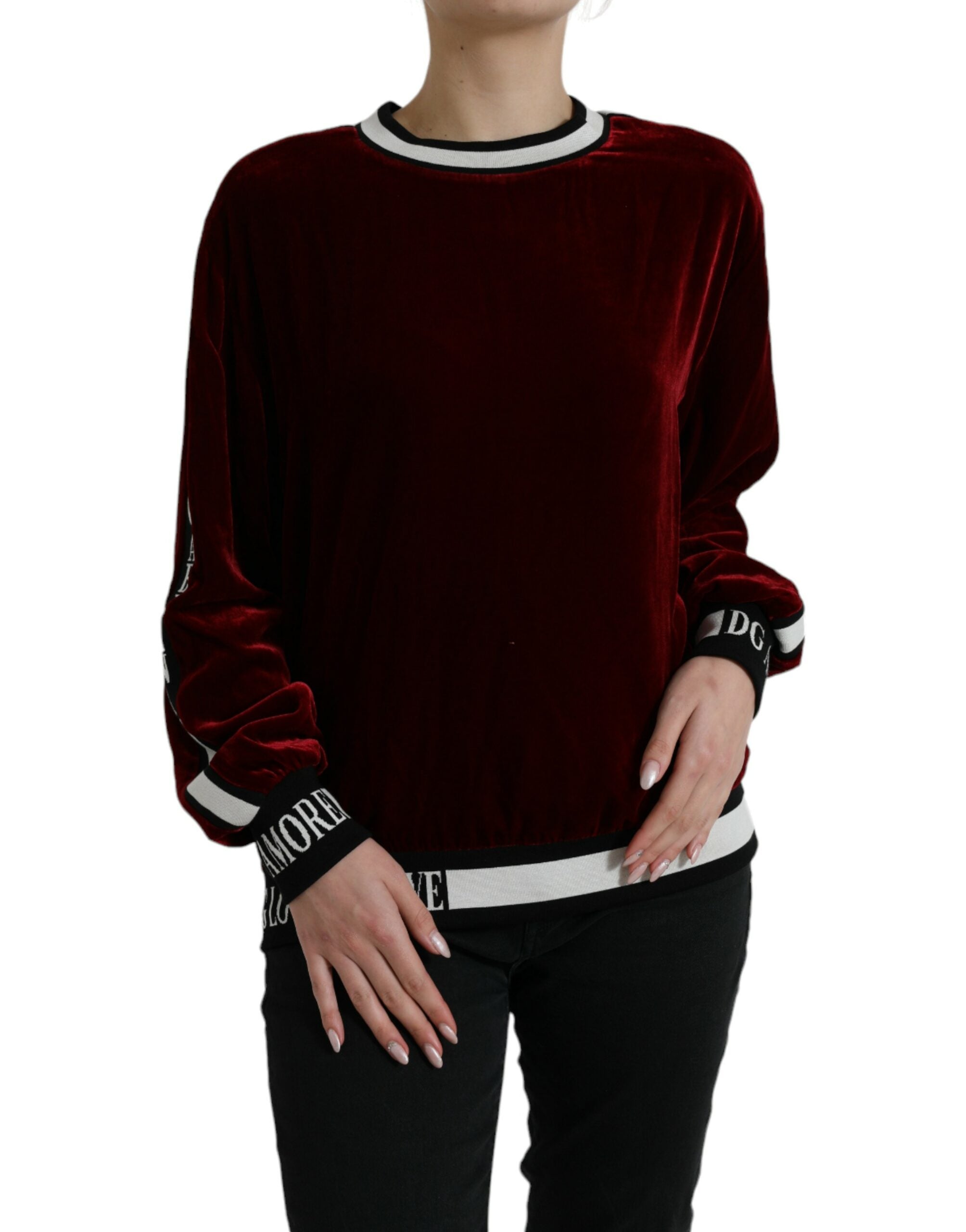 Dolce &amp; Gabbana Bordeaux Velvet Round Neck Pullover Sweater