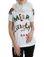 Dolce &amp; Gabbana White Cotton Christmas Sequin Fur T-shirt