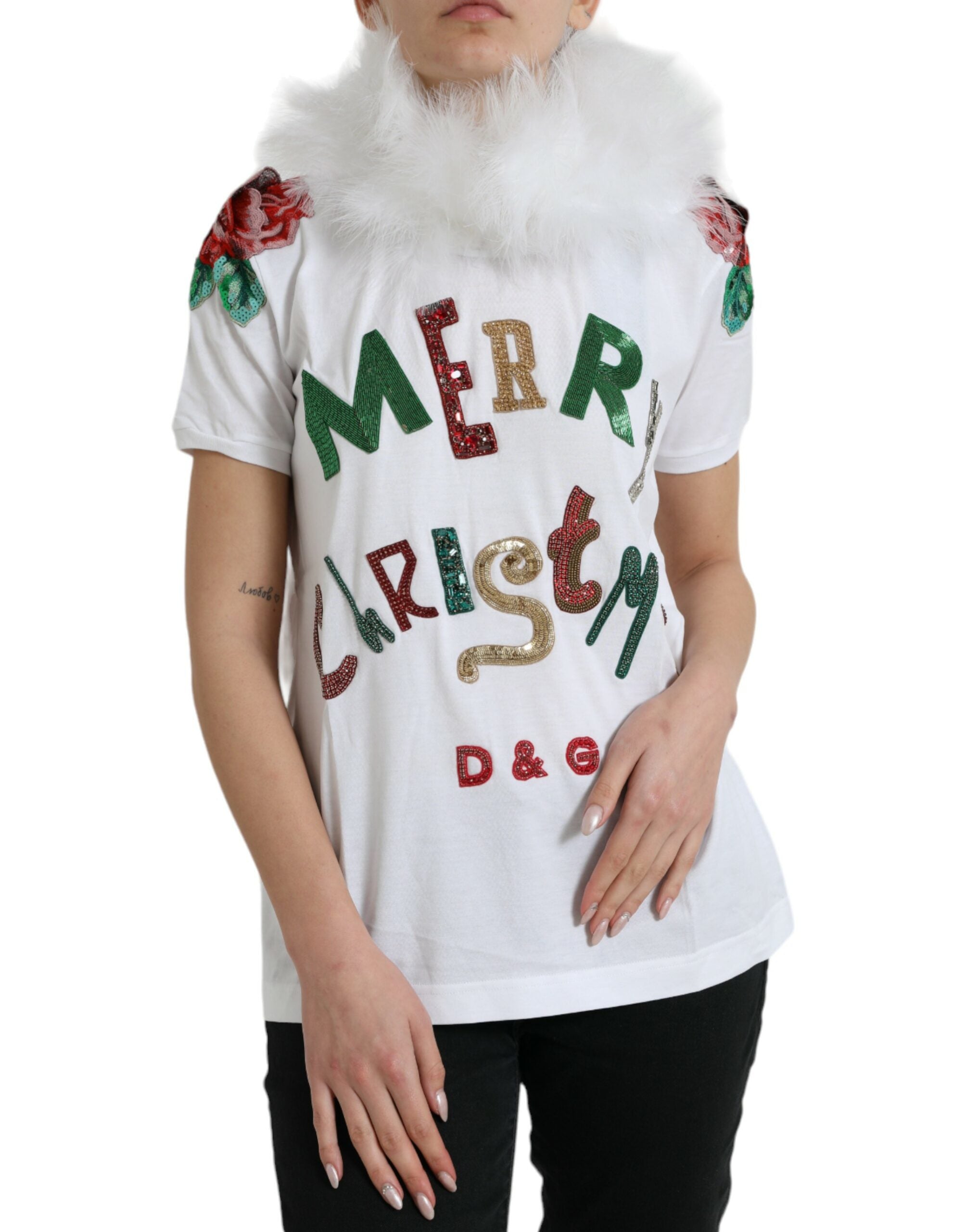 Dolce &amp; Gabbana White Cotton Christmas Sequin Fur T-shirt