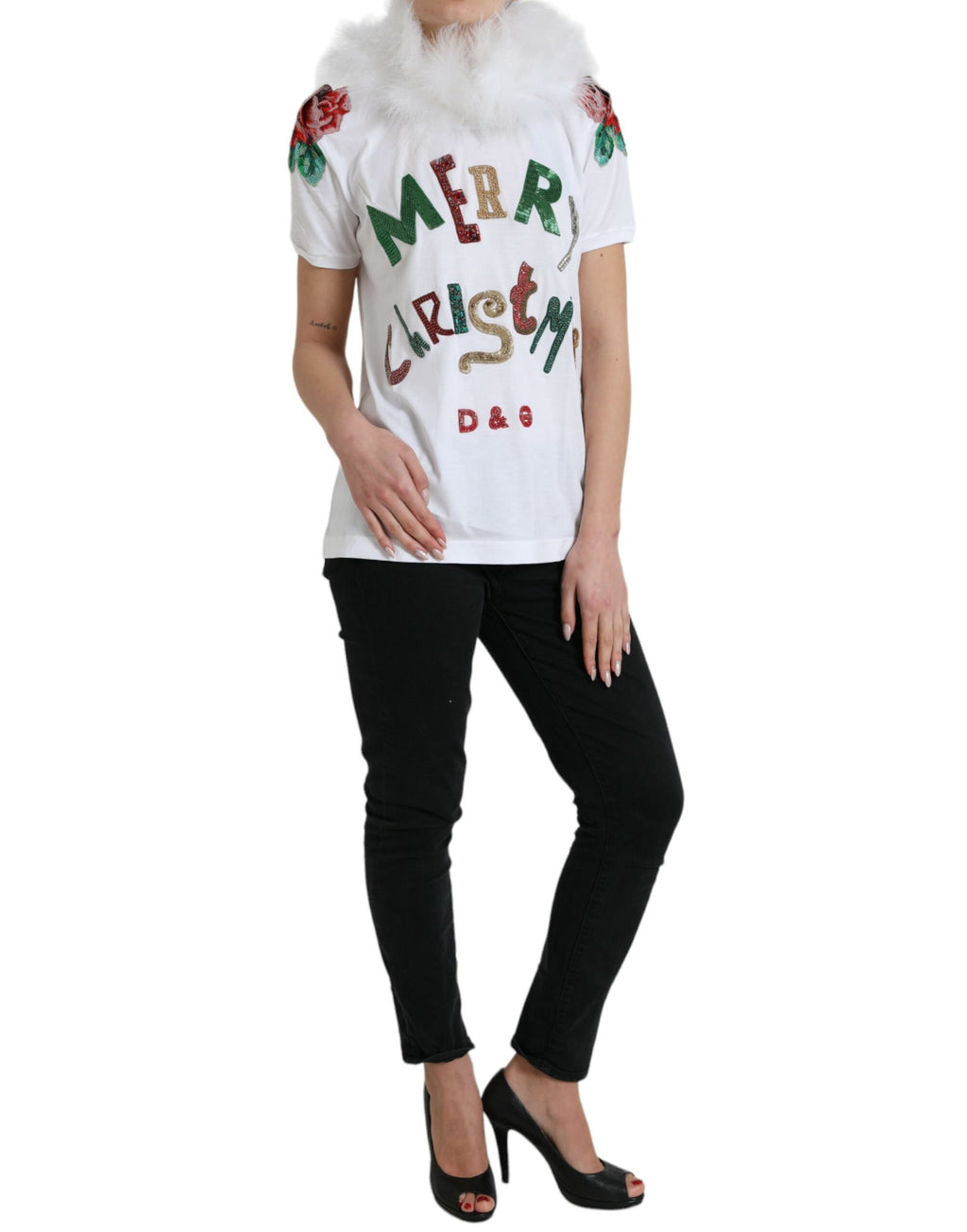 Dolce &amp; Gabbana White Cotton Christmas Sequin Fur T-shirt