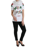 Dolce &amp; Gabbana White Cotton Christmas Sequin Fur T-shirt