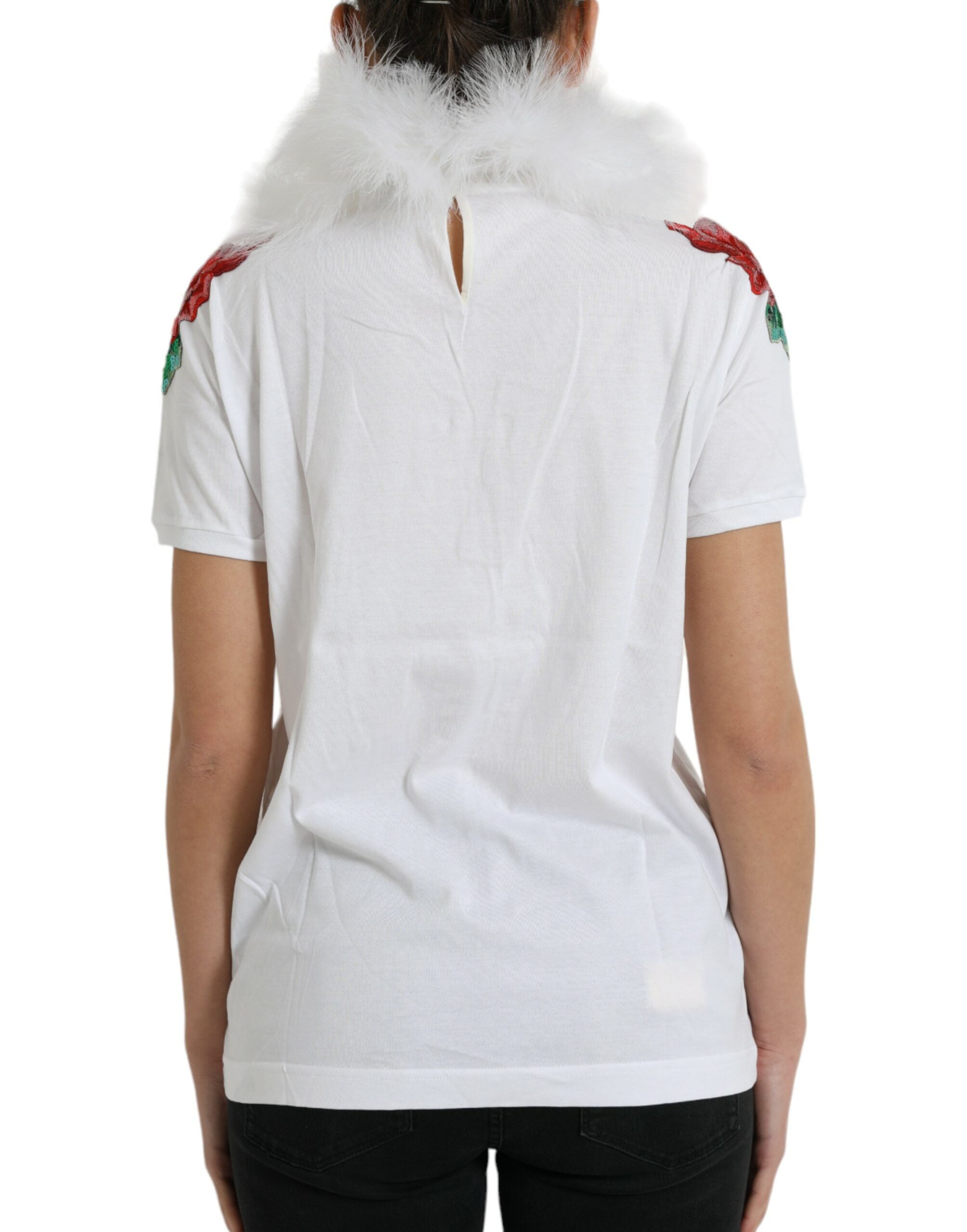 Dolce &amp; Gabbana White Cotton Christmas Sequin Fur T-shirt