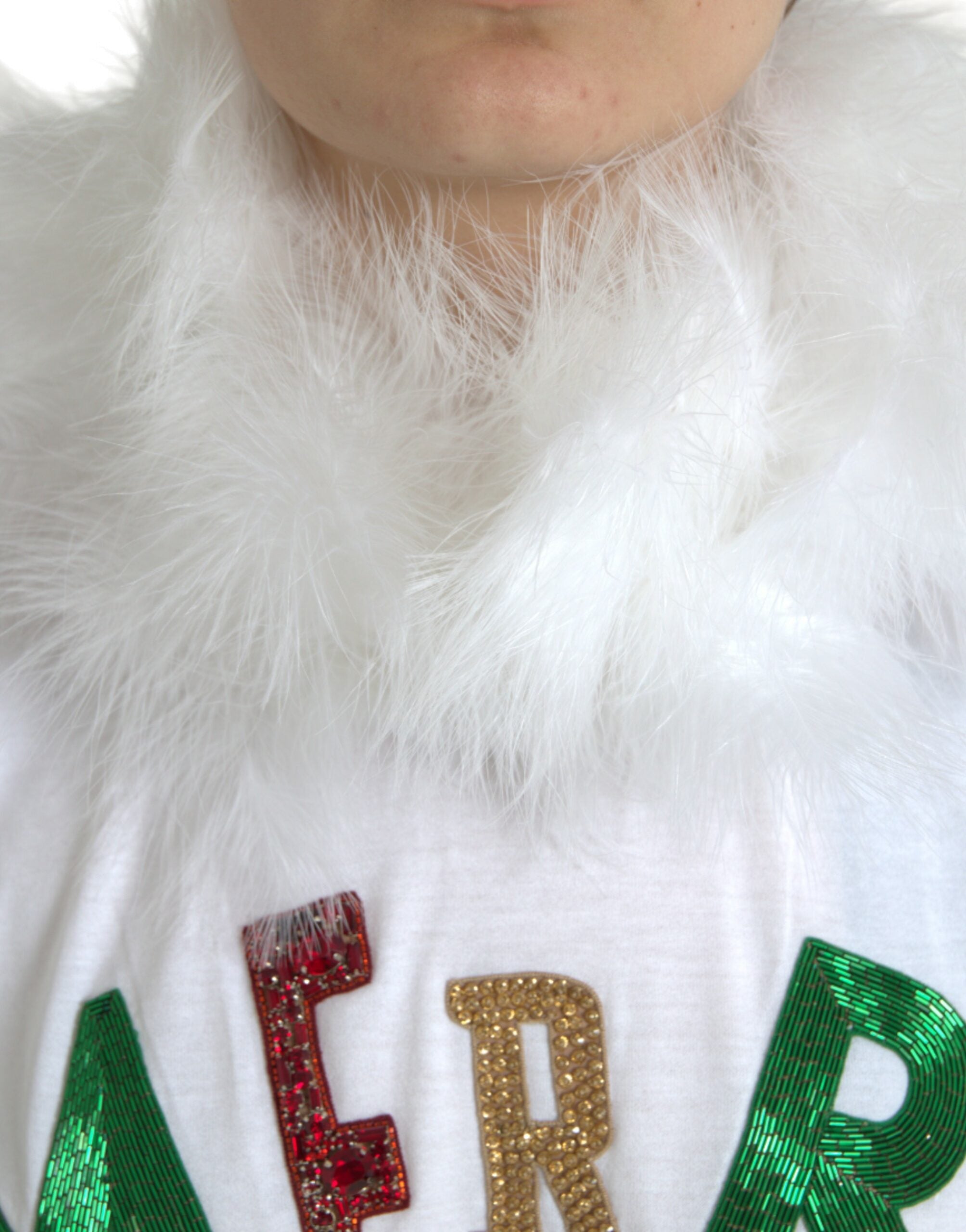 Dolce &amp; Gabbana White Cotton Christmas Sequin Fur T-shirt