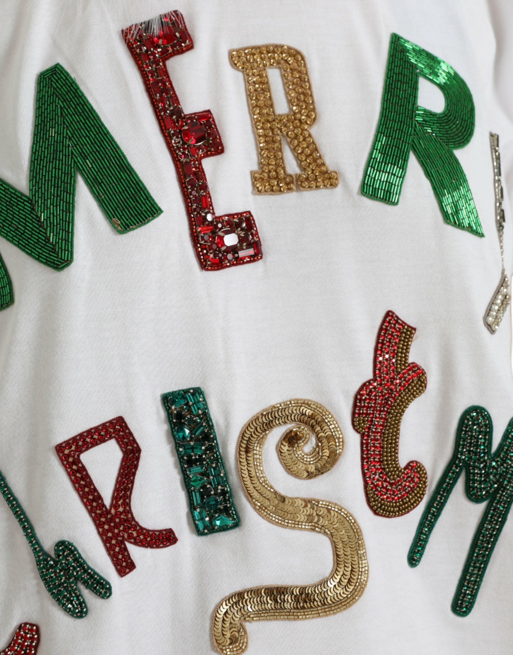 Dolce &amp; Gabbana White Cotton Christmas Sequin Fur T-shirt