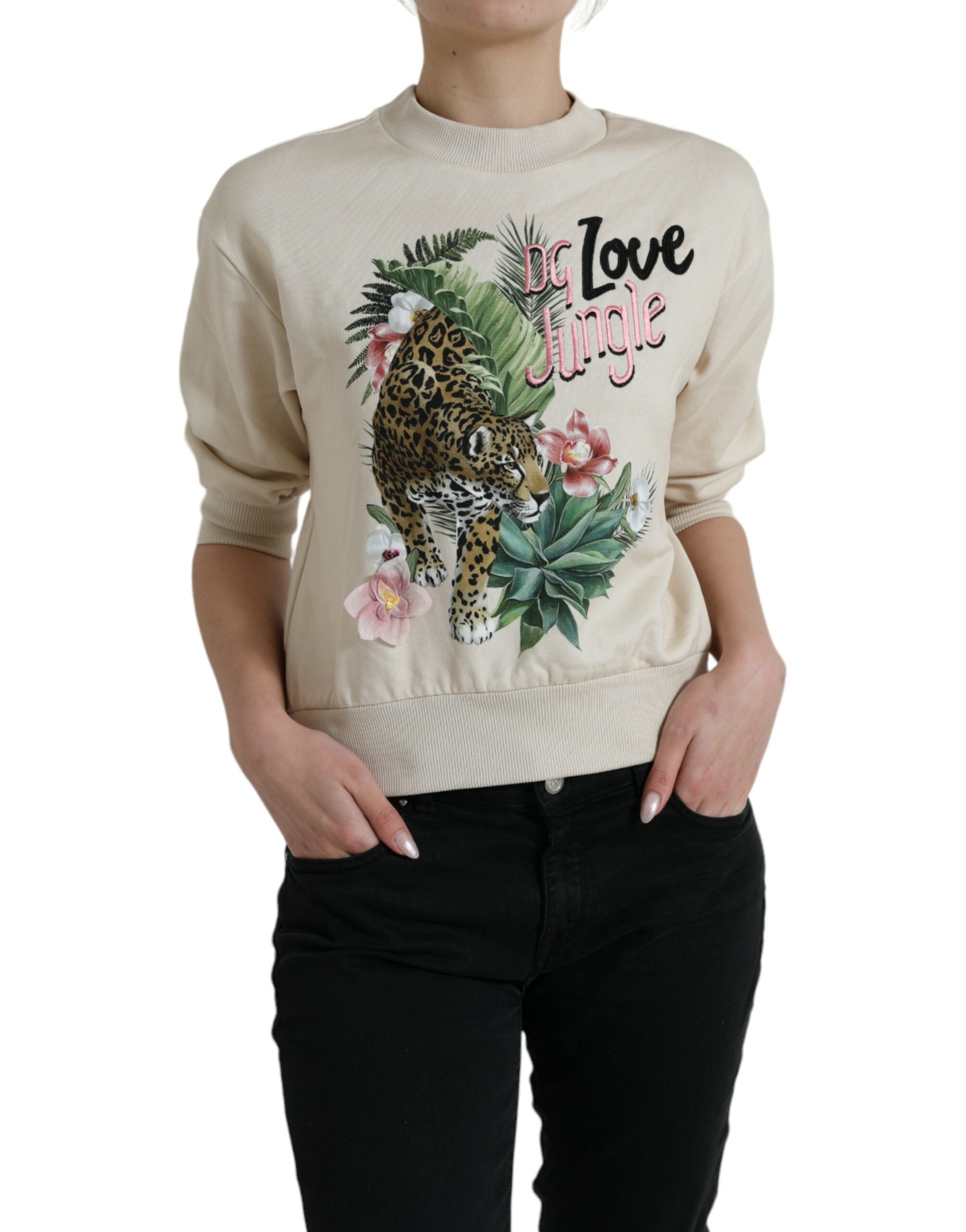 Dolce &amp; Gabbana Beige Jungle Printed Cotton Pullover Sweater