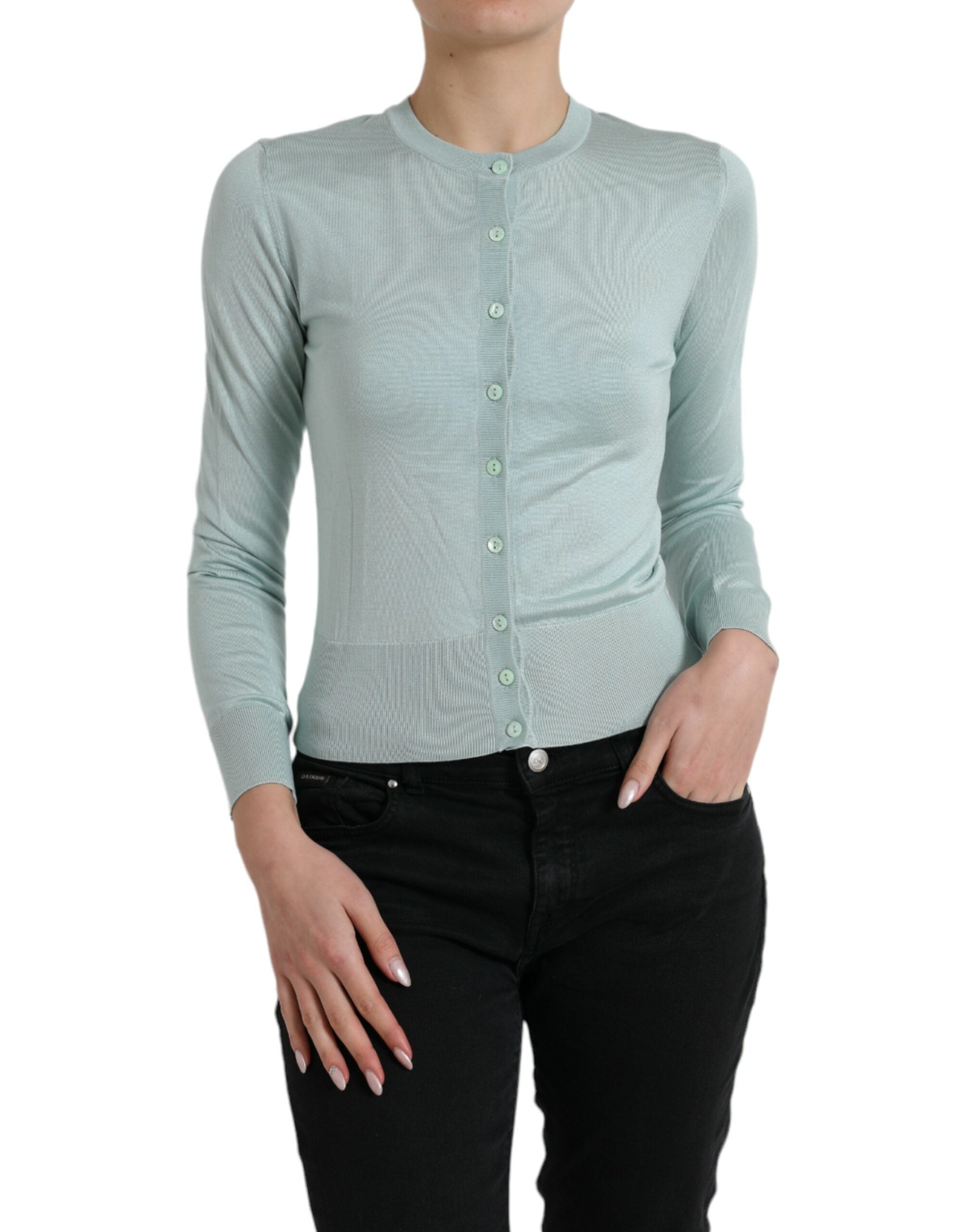 Dolce &amp; Gabbana Light Blue Silk Crew Neck Cardigan Sweater