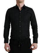 Dolce &amp; Gabbana Black Cotton Stretch Slim Formal Dress Shirt
