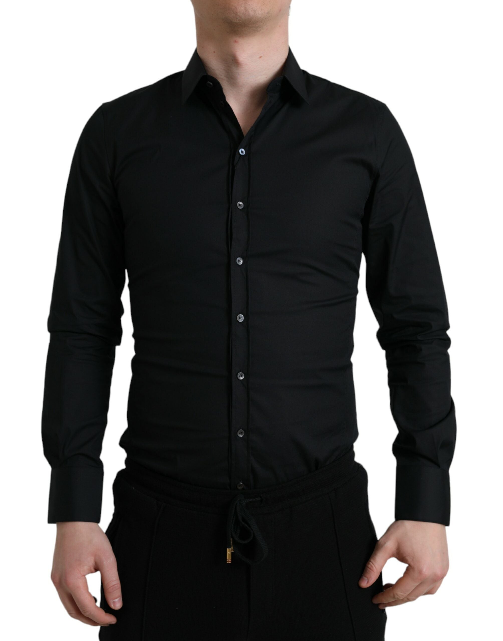Dolce &amp; Gabbana Black Cotton Stretch Slim Formal Dress Shirt