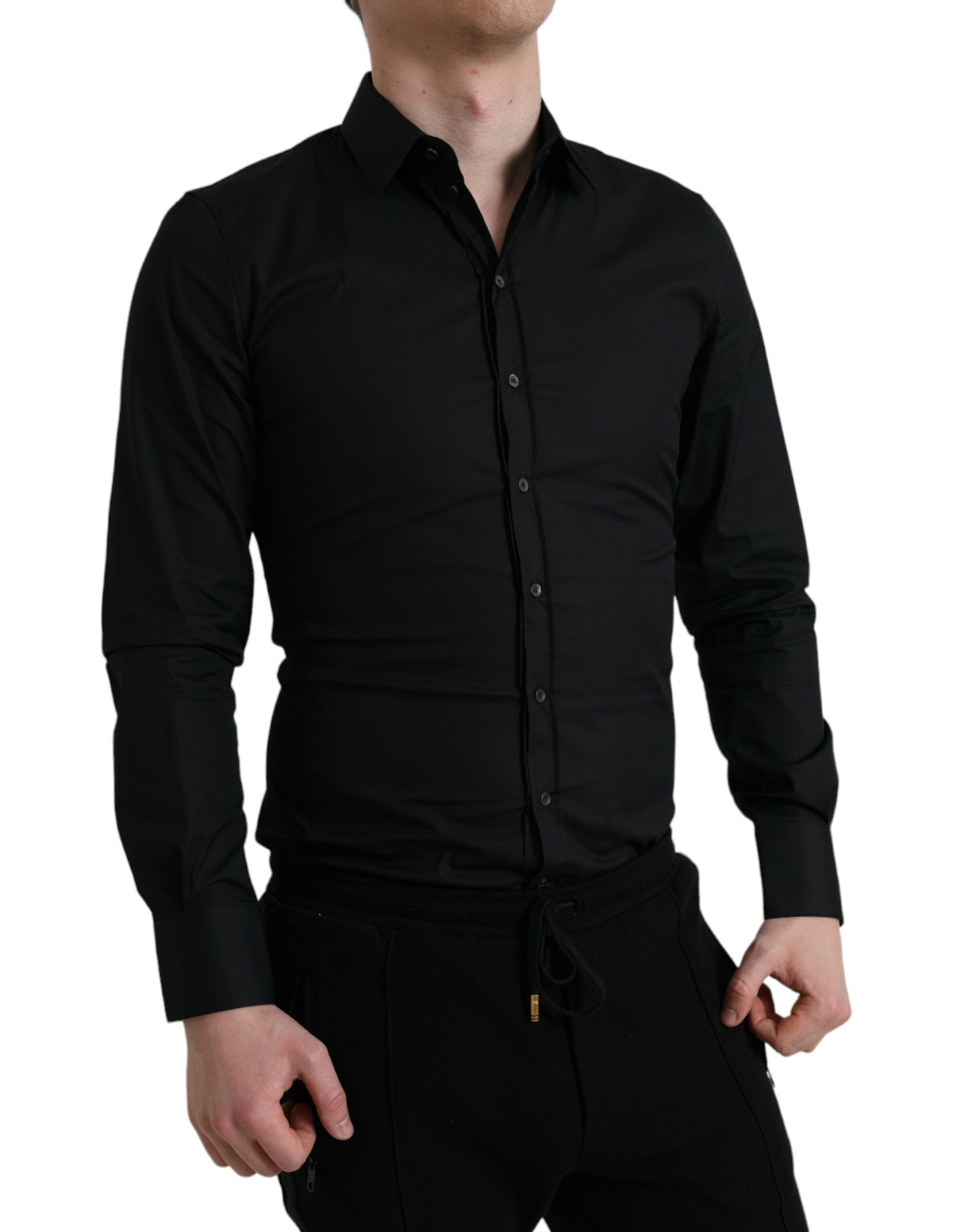 Dolce &amp; Gabbana Black Cotton Stretch Slim Formal Dress Shirt