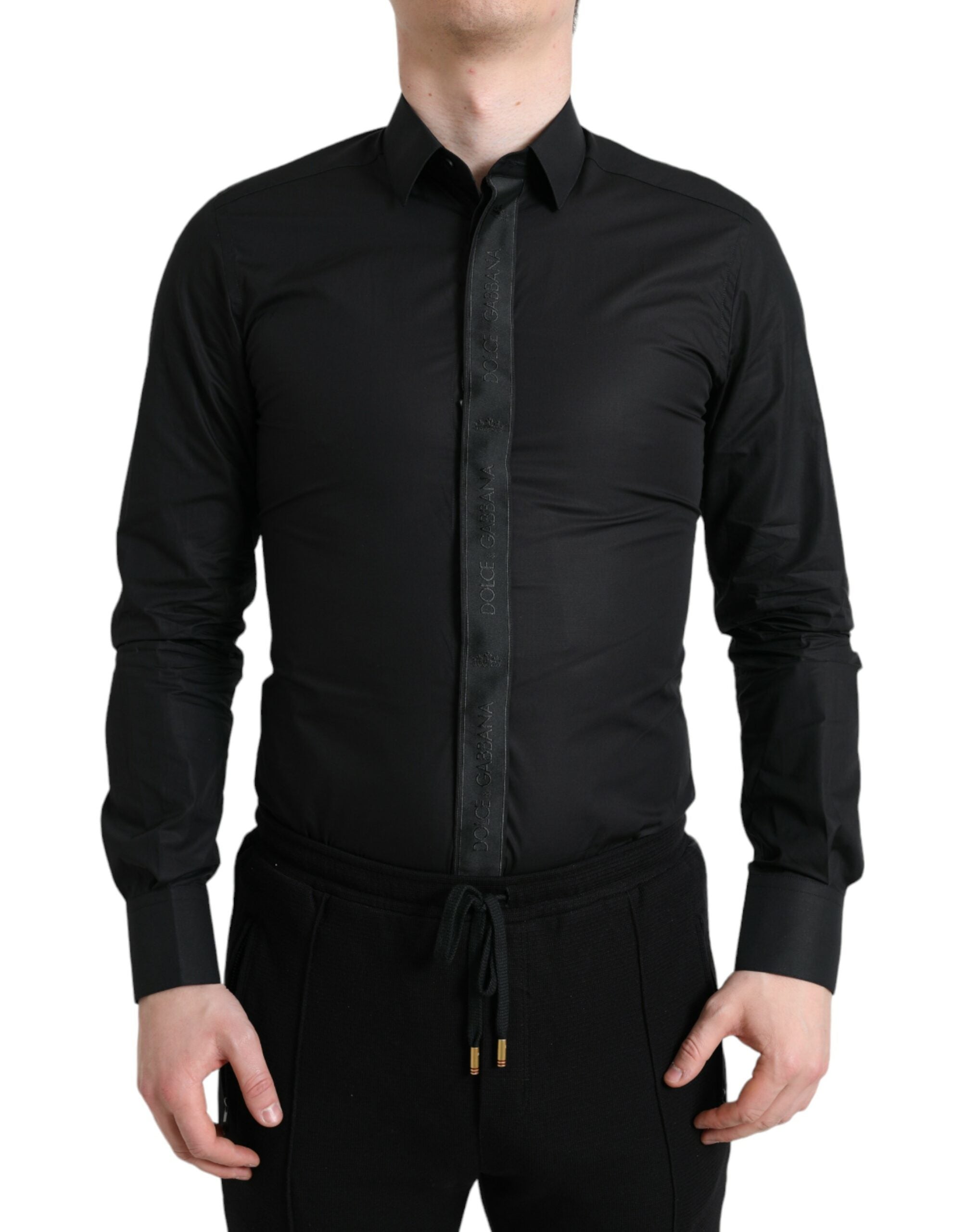 Dolce &amp; Gabbana Black Cotton Logo Formal GOLD Dress Shirt