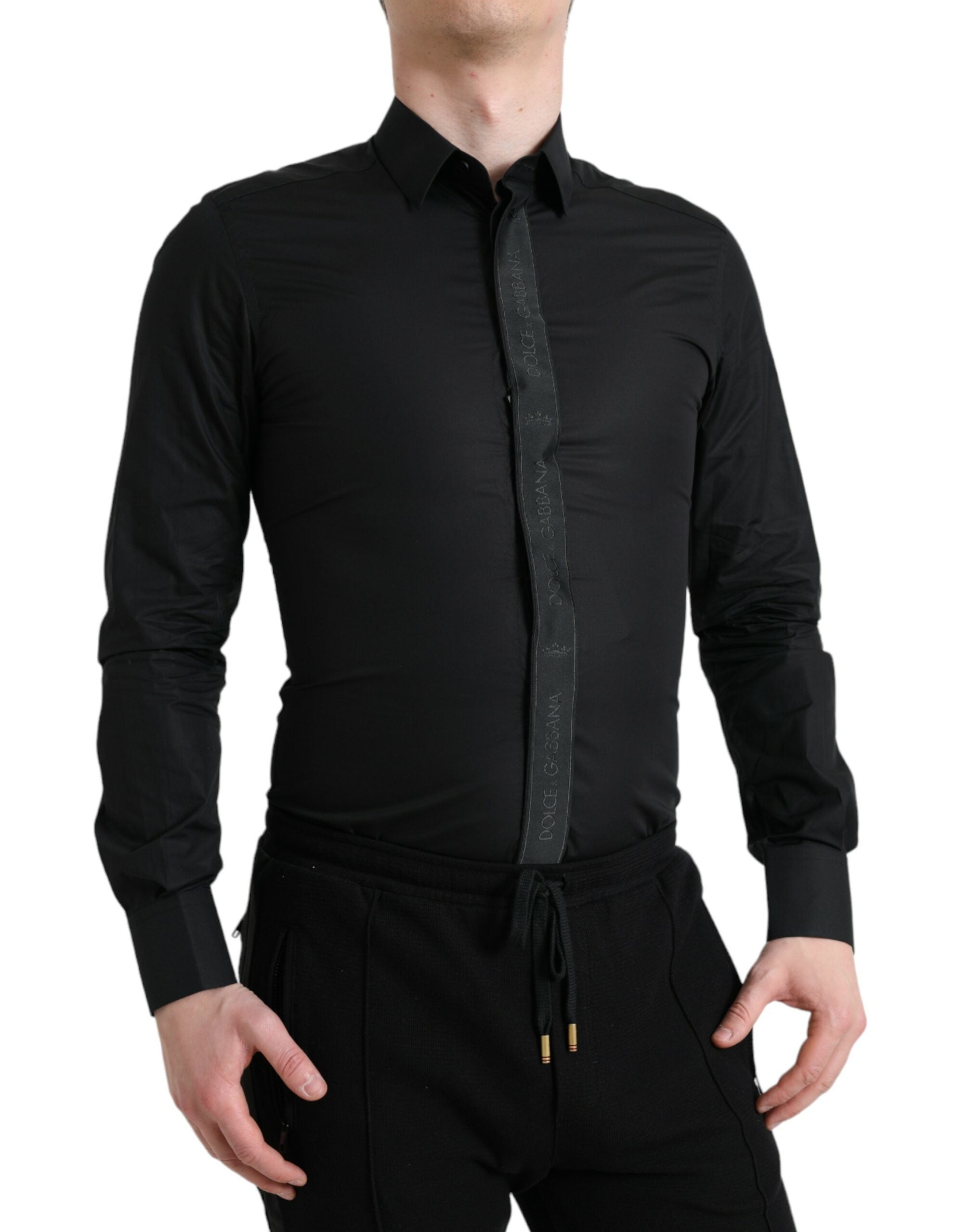 Dolce &amp; Gabbana Black Cotton Logo Formal GOLD Dress Shirt