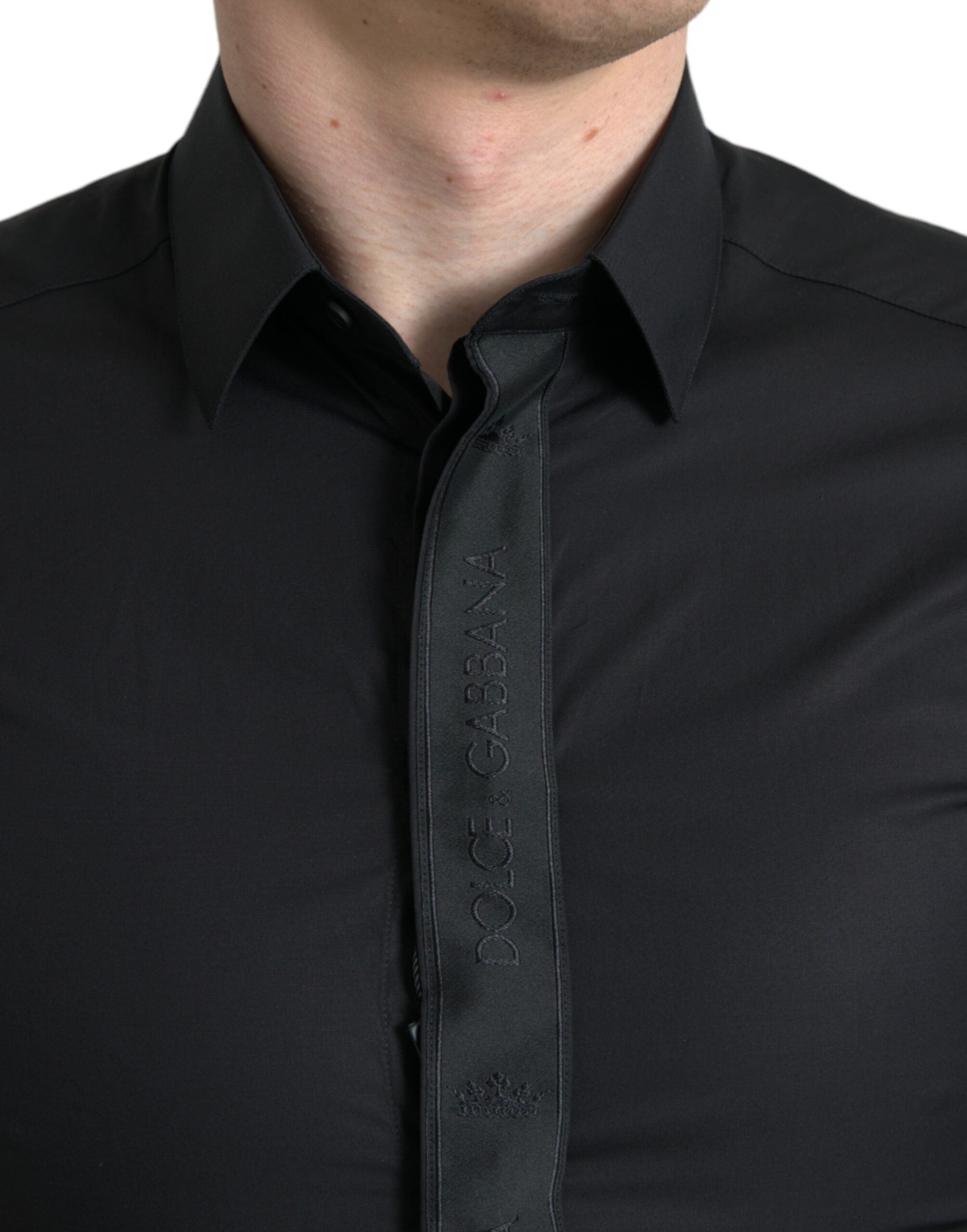 Dolce &amp; Gabbana Black Cotton Logo Formal GOLD Dress Shirt