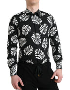 Dolce &amp; Gabbana Black Leaf Cotton Men Formal GOLD Dress Shirt