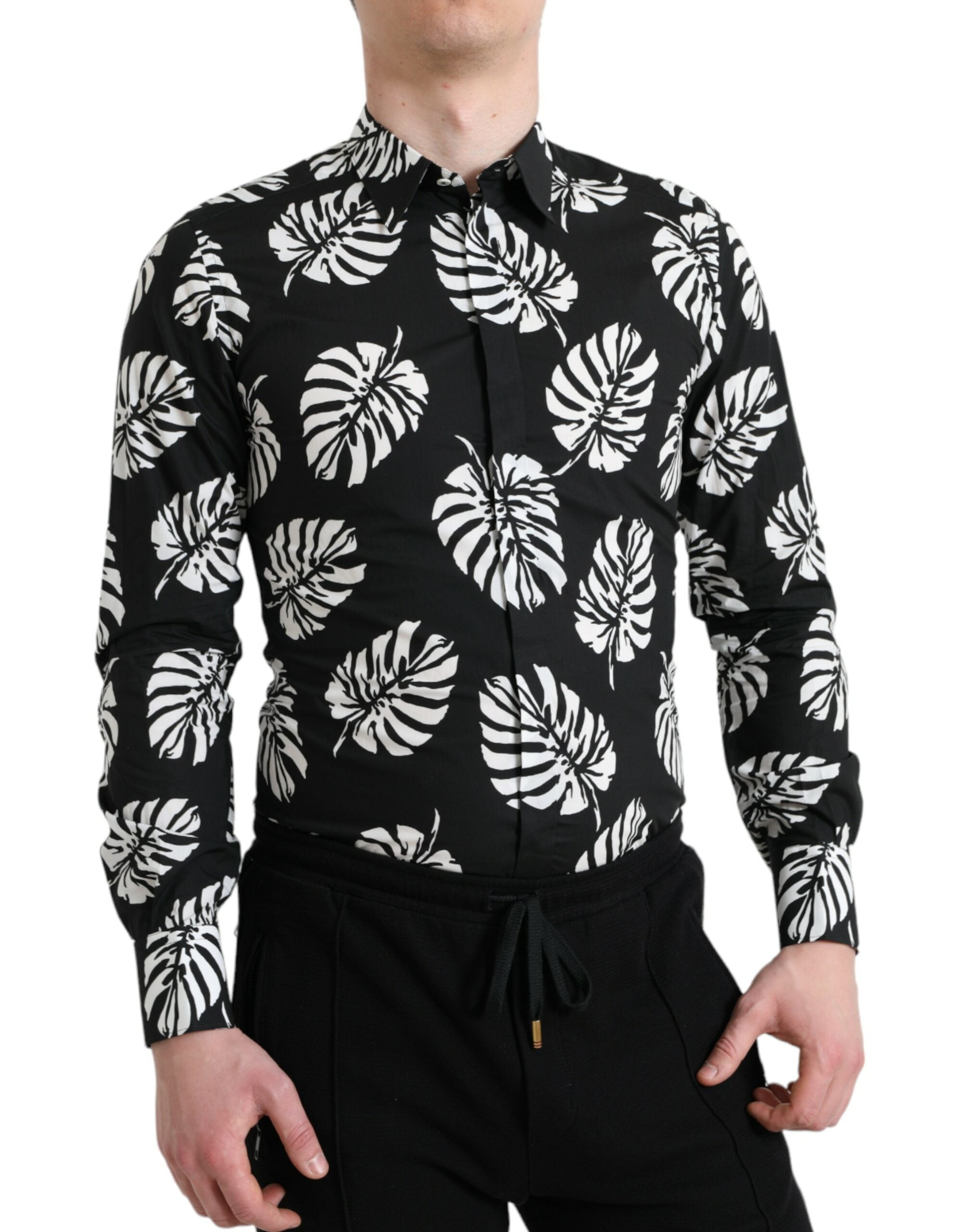 Dolce &amp; Gabbana Black Leaf Cotton Men Formal GOLD Dress Shirt