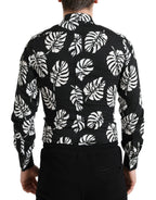 Dolce &amp; Gabbana Black Leaf Cotton Men Formal GOLD Dress Shirt