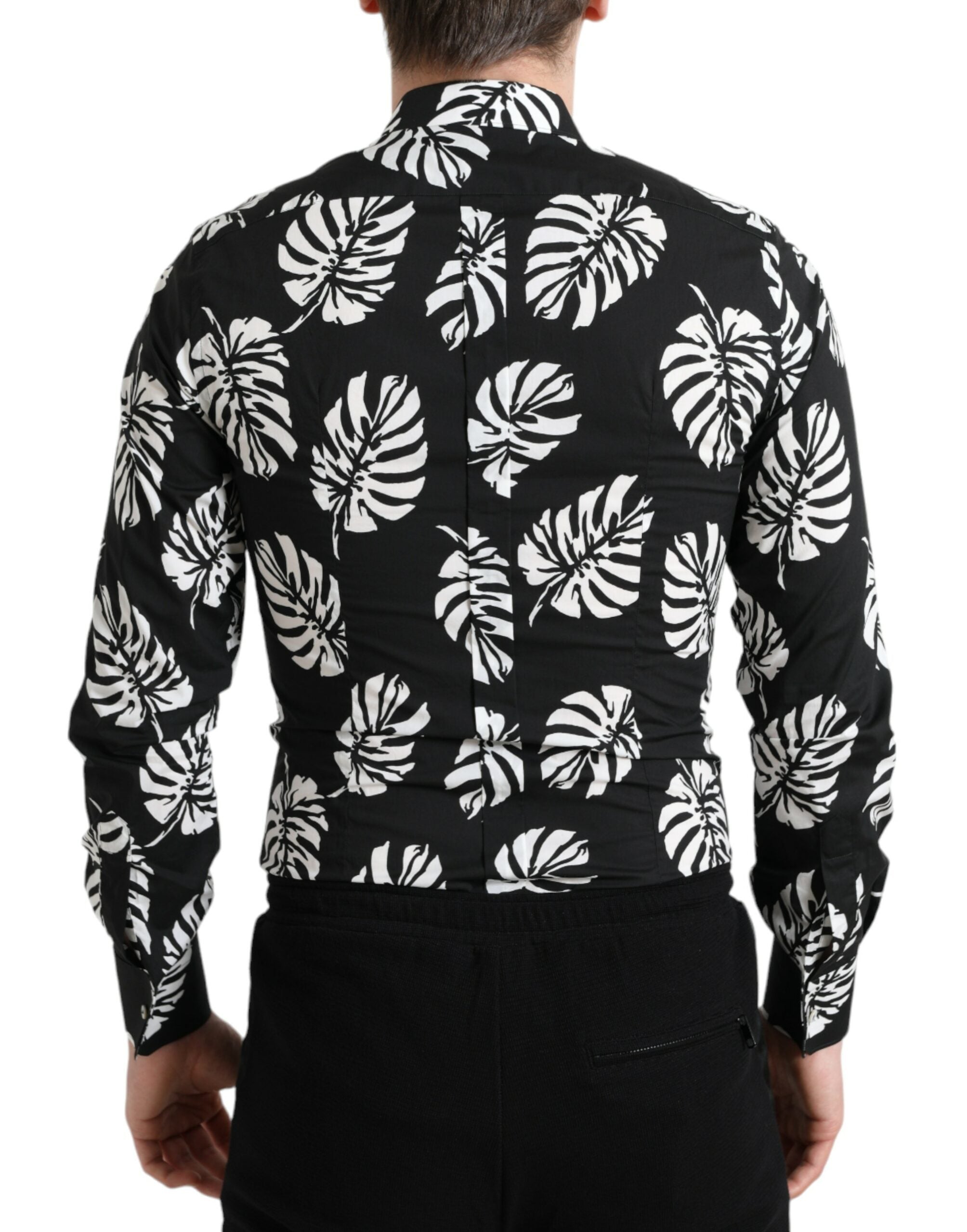 Dolce &amp; Gabbana Black Leaf Cotton Men Formal GOLD Dress Shirt