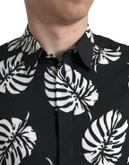 Dolce &amp; Gabbana Black Leaf Cotton Men Formal GOLD Dress Shirt