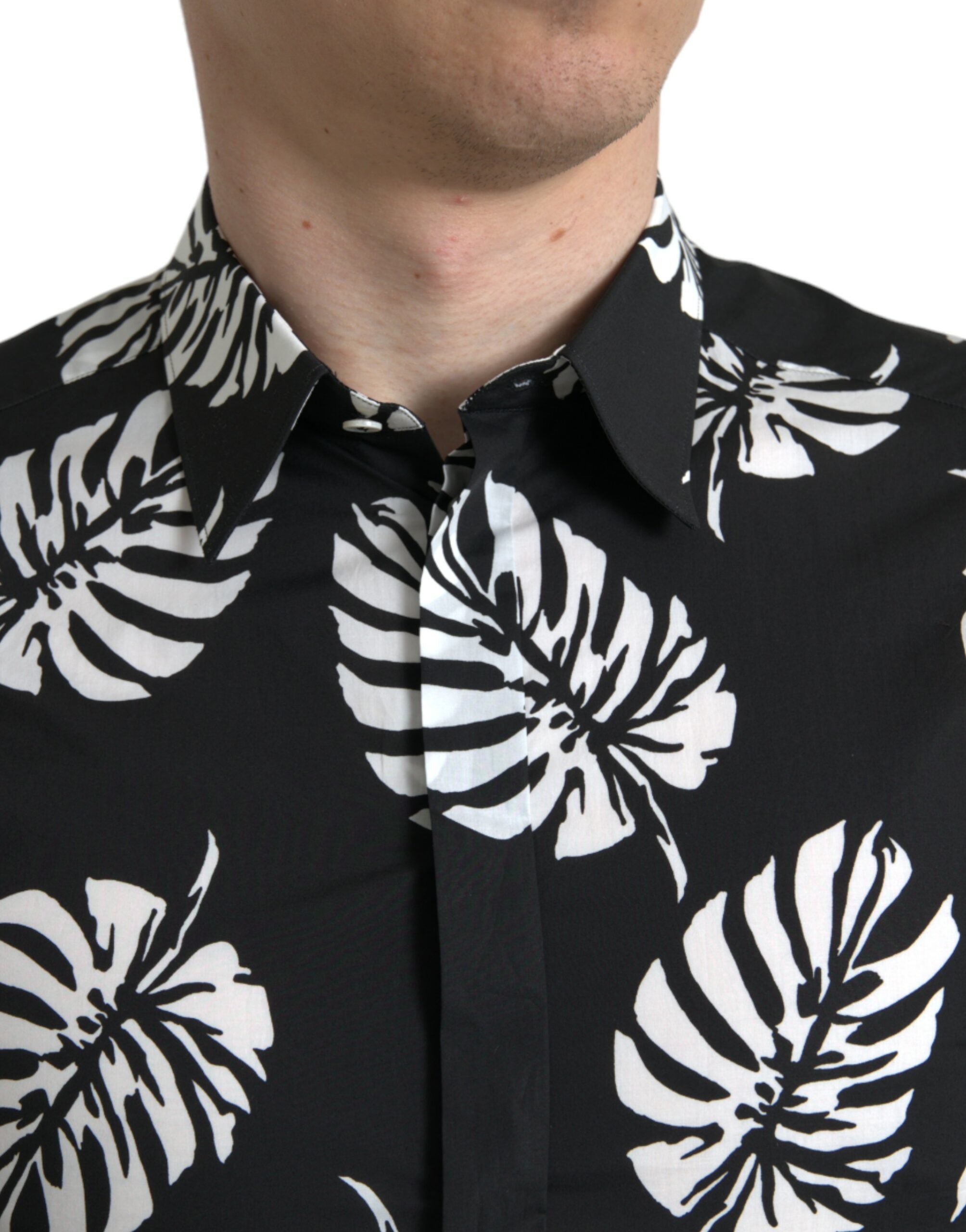 Dolce &amp; Gabbana Black Leaf Cotton Men Formal GOLD Dress Shirt