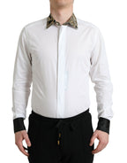 Dolce &amp; Gabbana White Cotton Jacquard Formal GOLD Dress Shirt