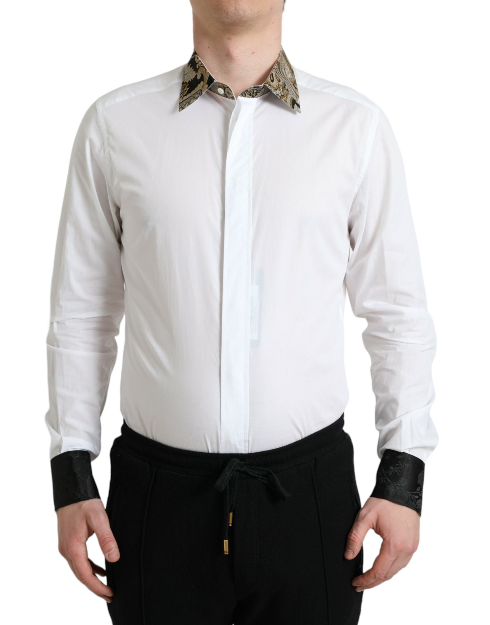 Dolce &amp; Gabbana White Cotton Jacquard Formal GOLD Dress Shirt