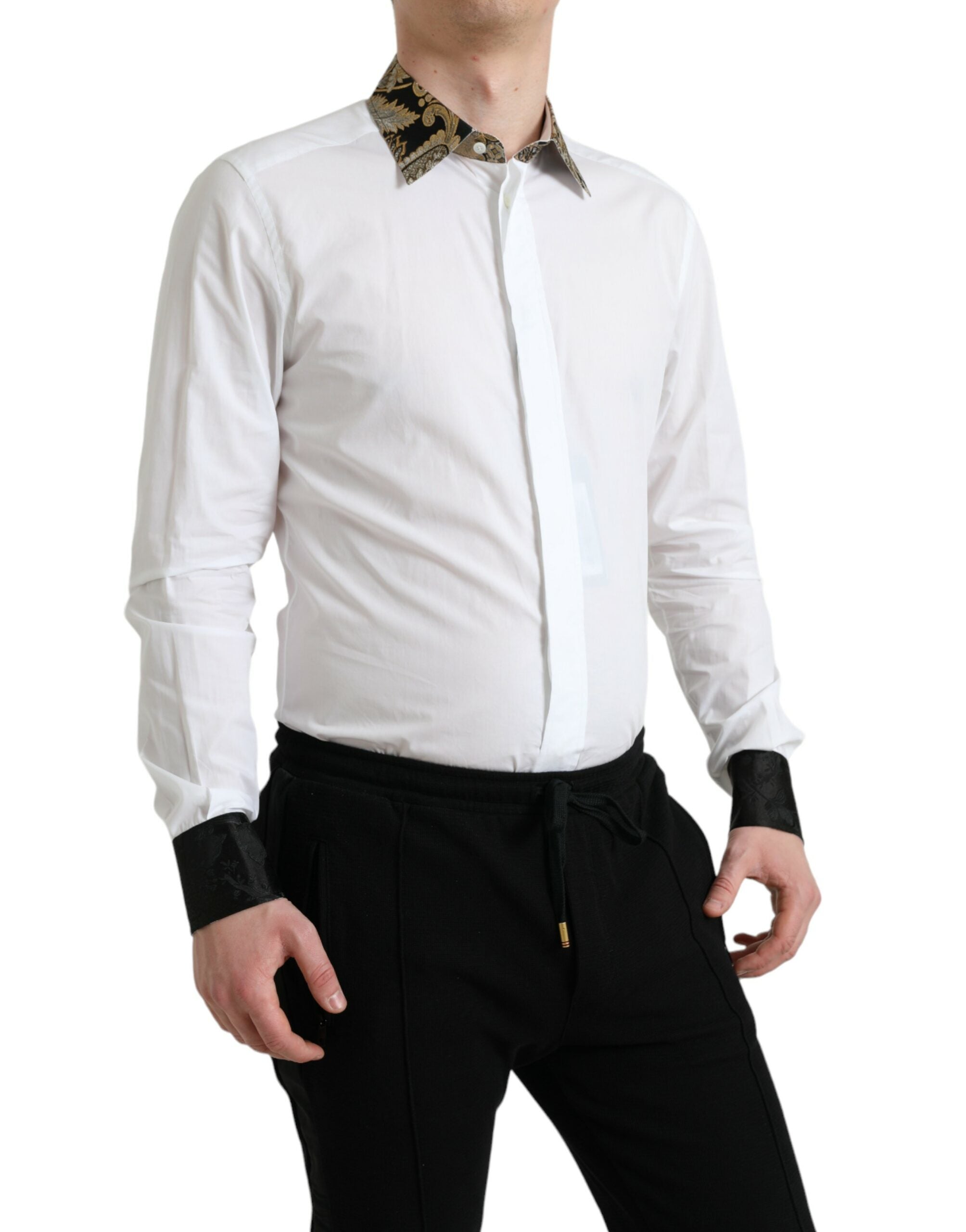 Dolce &amp; Gabbana White Cotton Jacquard Formal GOLD Dress Shirt