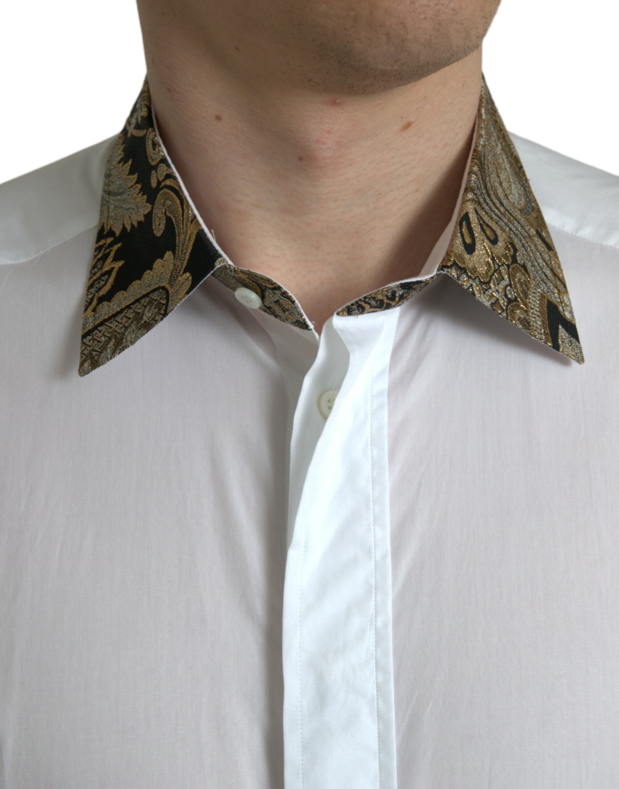 Dolce &amp; Gabbana White Cotton Jacquard Formal GOLD Dress Shirt