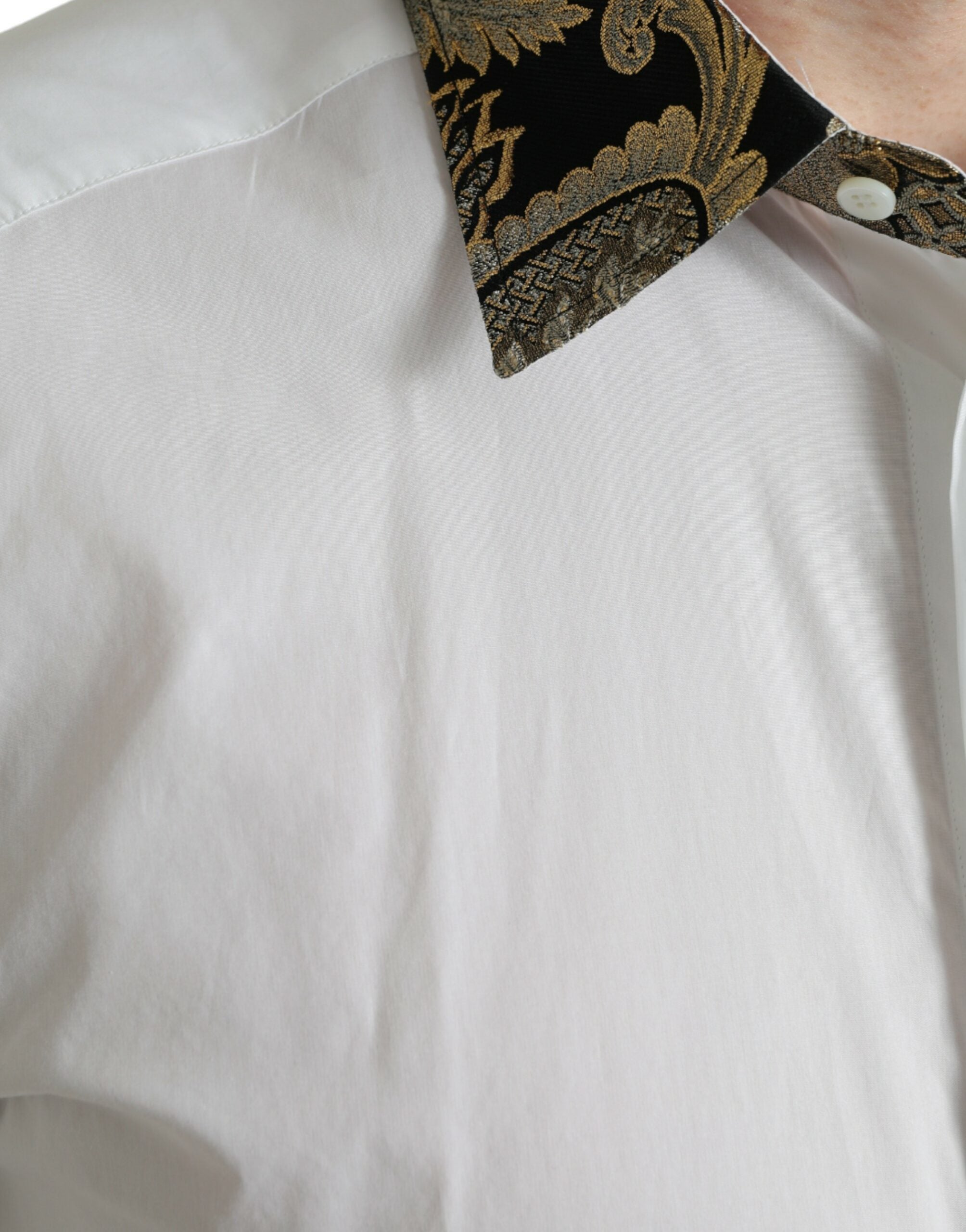 Dolce &amp; Gabbana White Cotton Jacquard Formal GOLD Dress Shirt