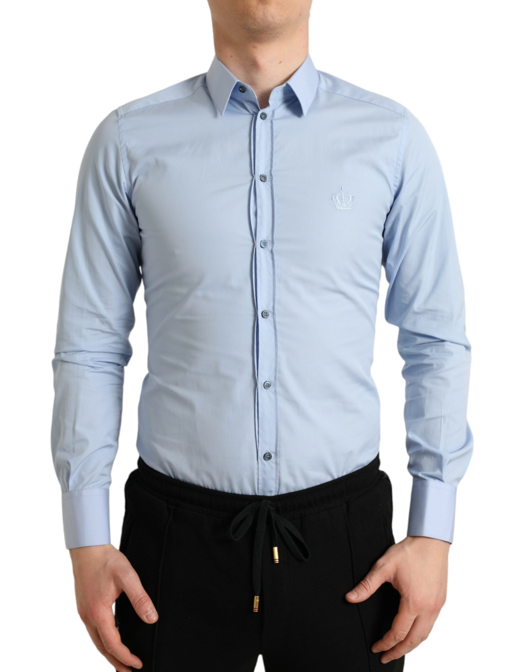 Dolce &amp; Gabbana Sky Blue Cotton Men Formal GOLD Dress Shirt