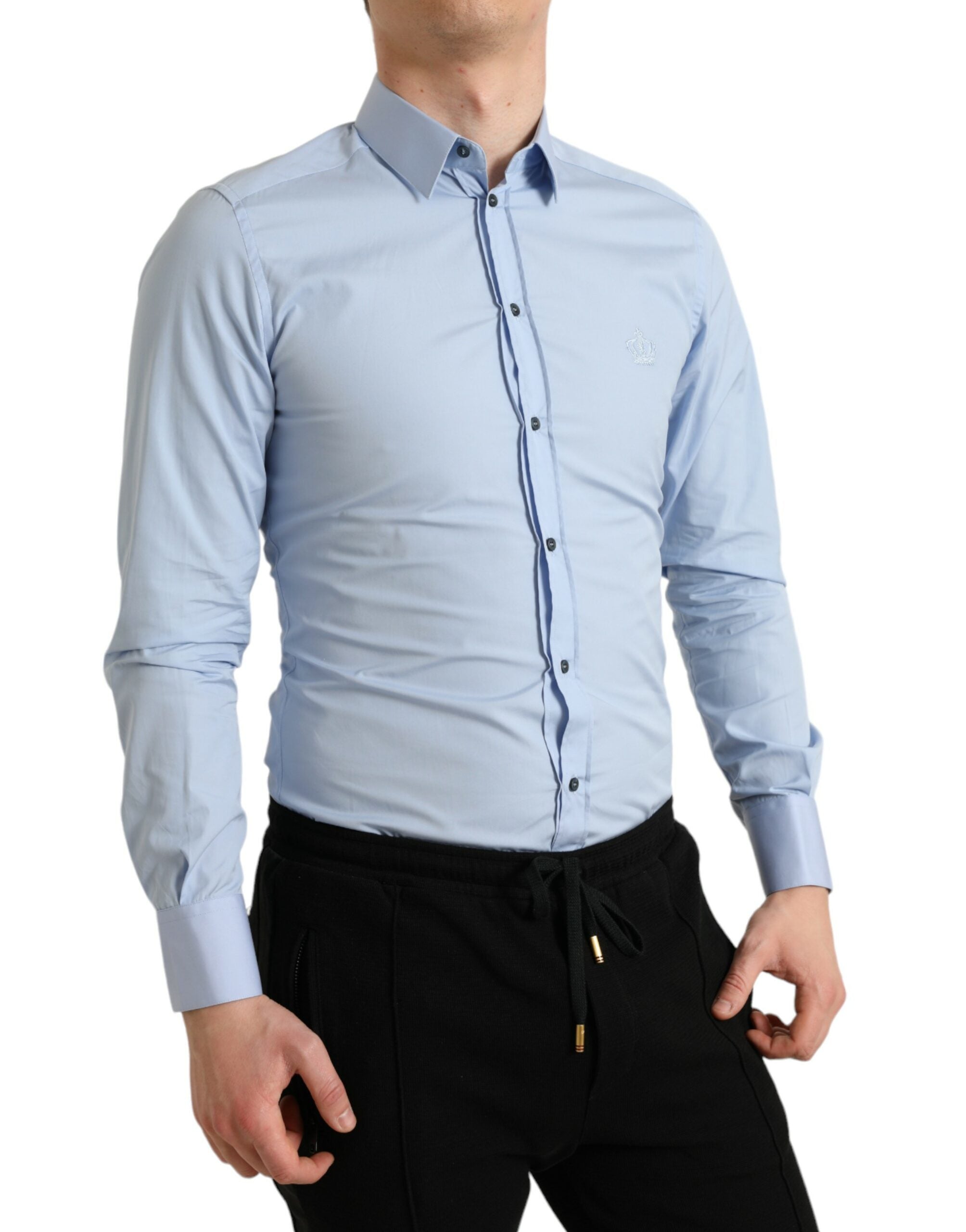 Dolce &amp; Gabbana Sky Blue Cotton Men Formal GOLD Dress Shirt