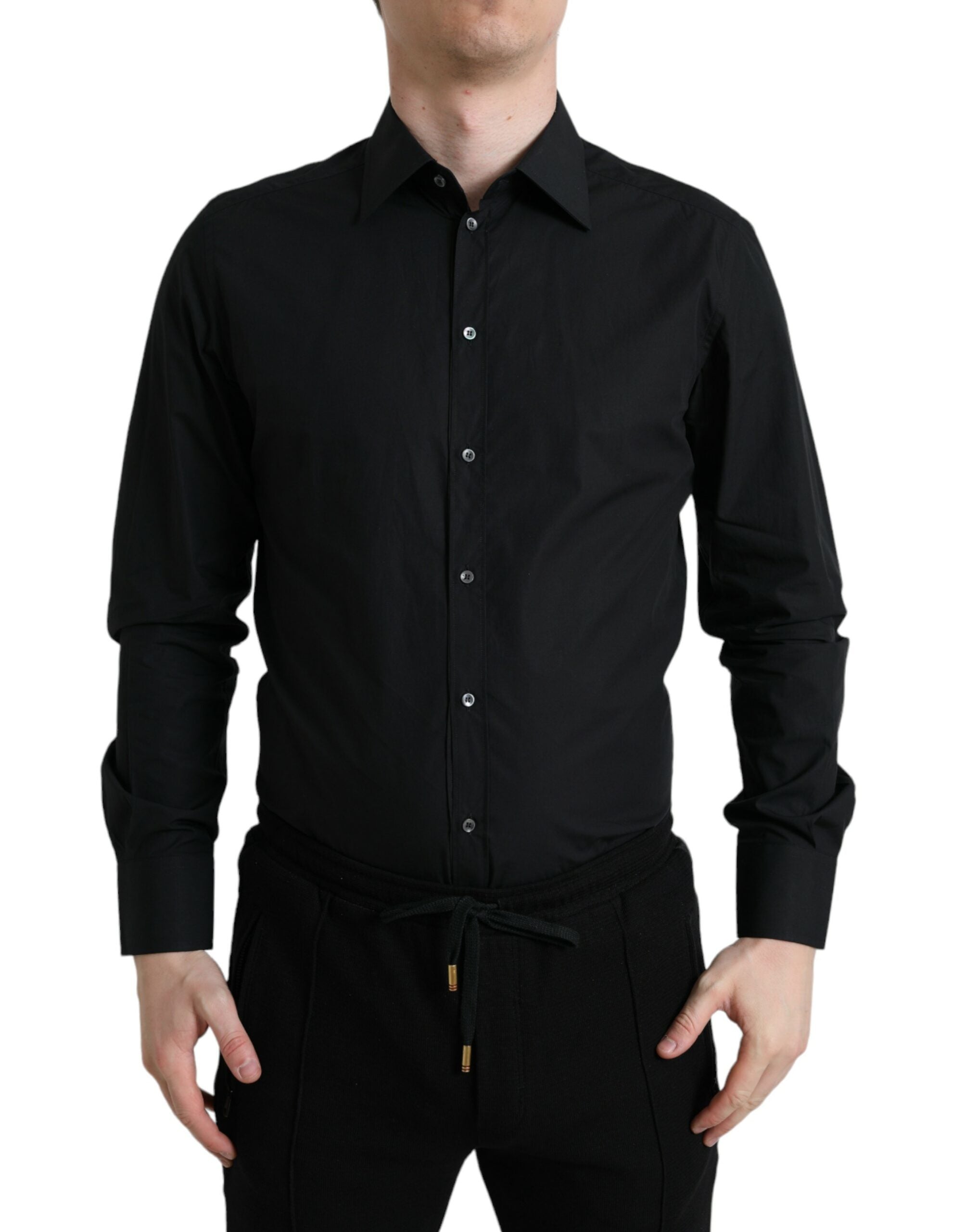 Dolce &amp; Gabbana Black Cotton Men Formal GOLD Dress Shirt