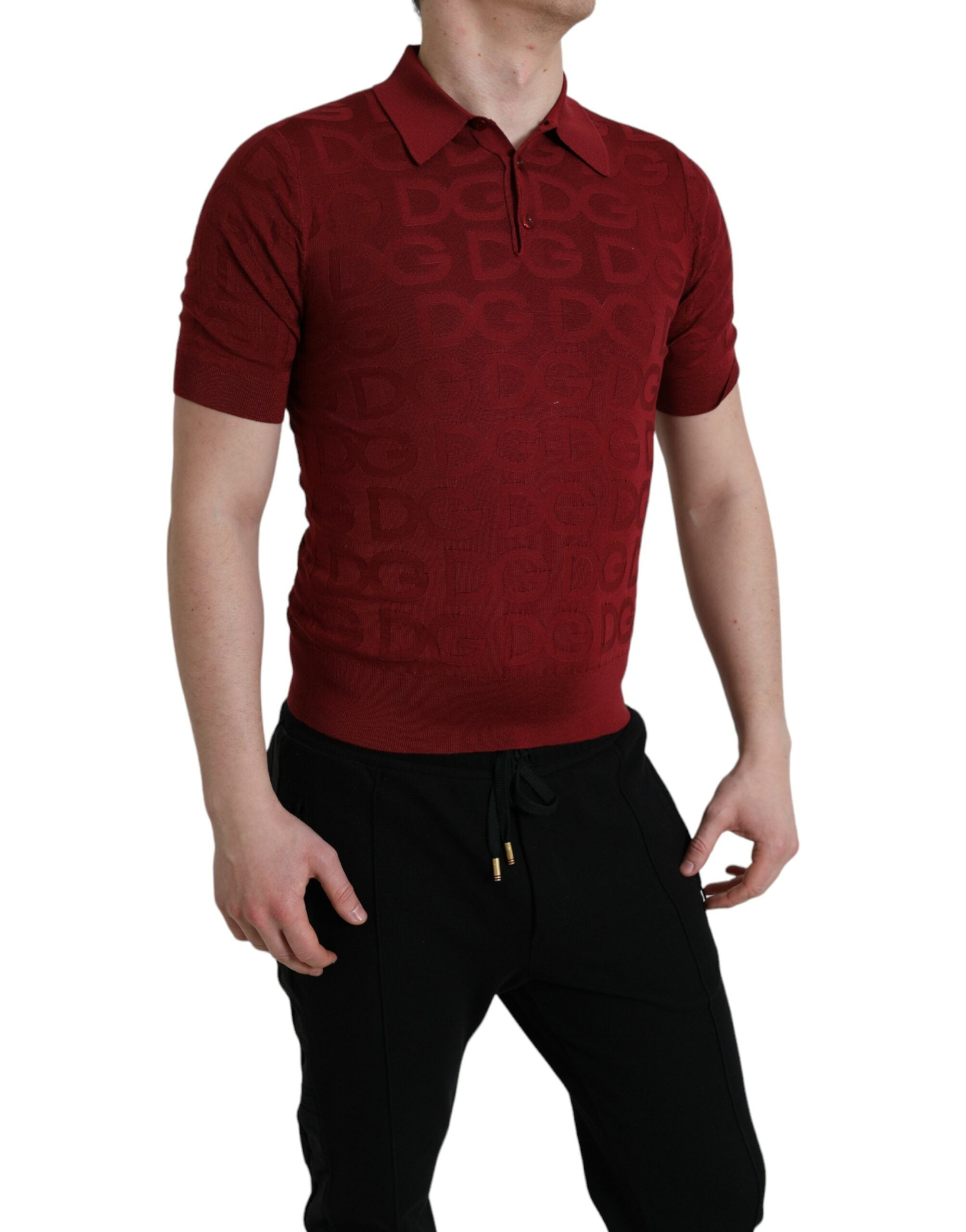 Dolce &amp; Gabbana Maroon Collared Short Sleeve Silk T-shirt